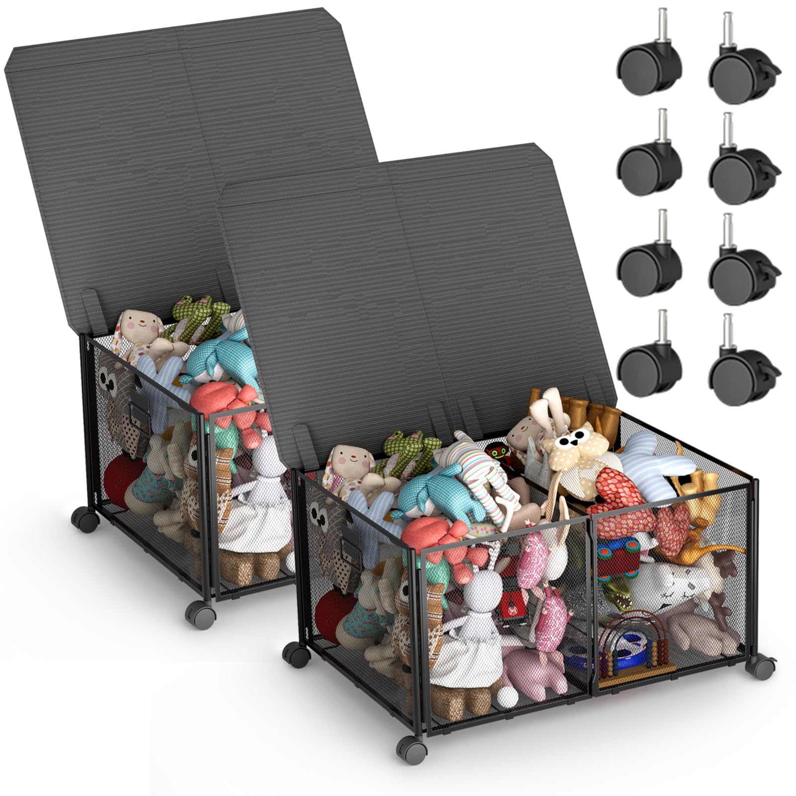 Nonkky 2-Pack Collapsible Metal Toy Storage Box with Wheels & Lid - Kids Toy Organizer Bin for Playroom, Bedroom, Nursery | Durable Toy Chest for Boys & Girls - Perfect for Organizing Toys, Books & Games