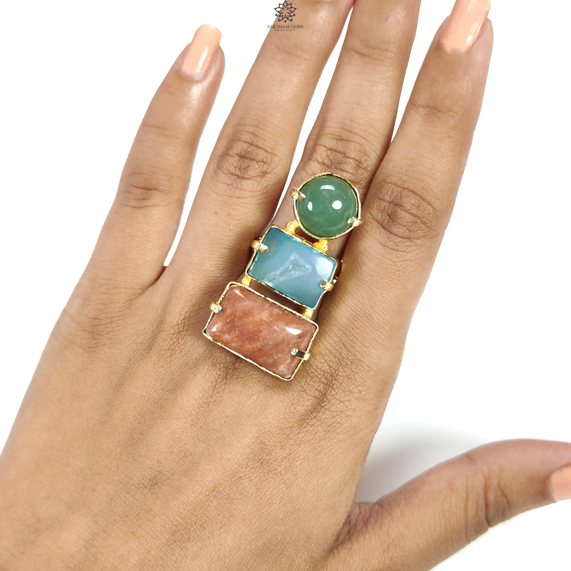Handmade Boho Style Cocktail Ring - 12.82g Gold Plated Adjustable Ring with Natural Multi-Color Gemstones, Dainty Baguette Shape Jewelry Gift for Women | Perfect for Parties, Weddings & Special Occasions
