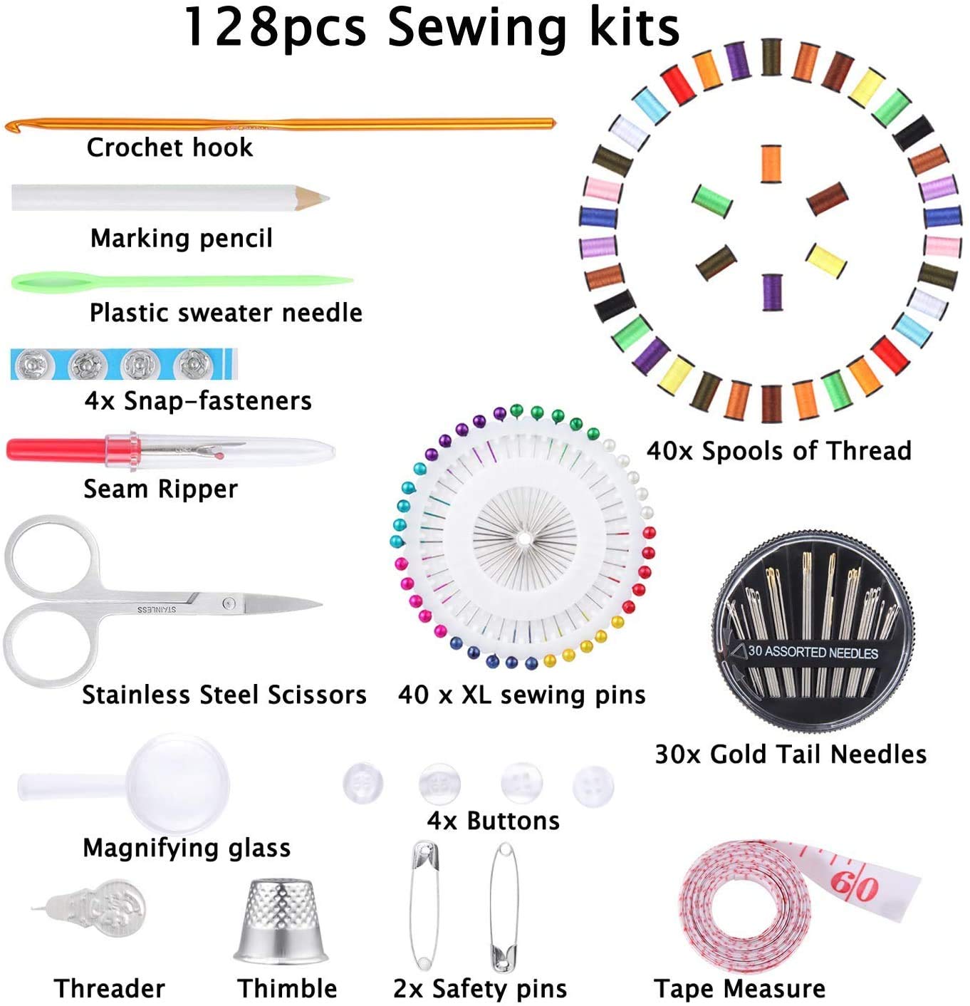 KIPETTO 128Pcs Portable Sewing Kit for Home & Travel - Includes Thread, Scissors, Thimble, Needles, Tape Measure & Carrying Case - Perfect for DIY Repairs, Emergency Fixes & Craft Projects