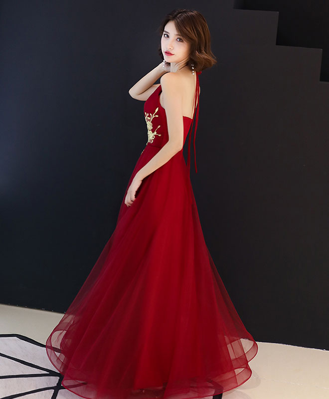 Elegant Burgundy Tulle Lace Long Prom Dress with Flowy Skirt | Formal Evening Gown for Homecoming, Quinceañera & Special Occasions