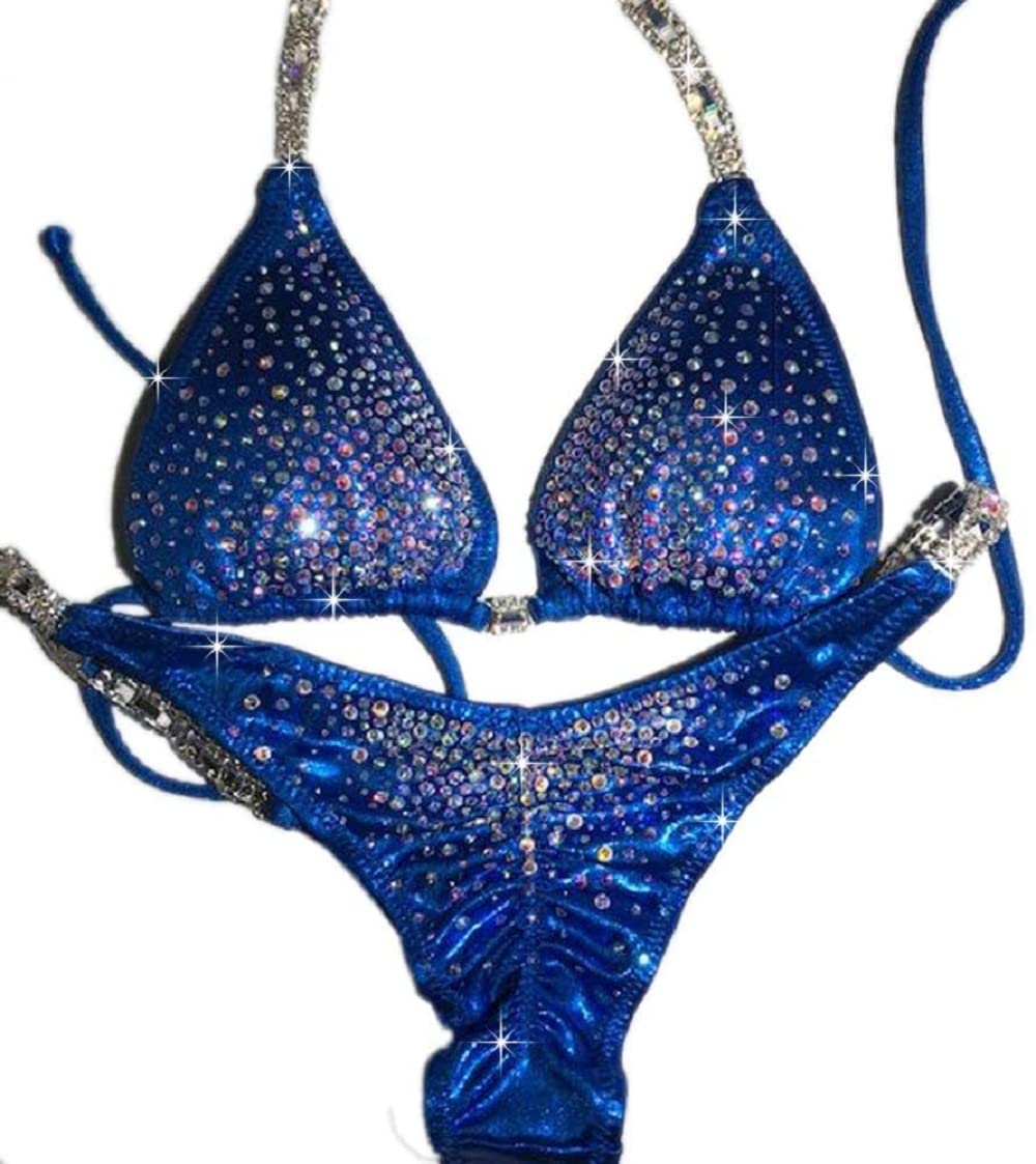 Royal Blue Competition Bikini Suit with AB Rhinestones - NPC Bikini Contest Swimsuit for Women (XS, Hips 28