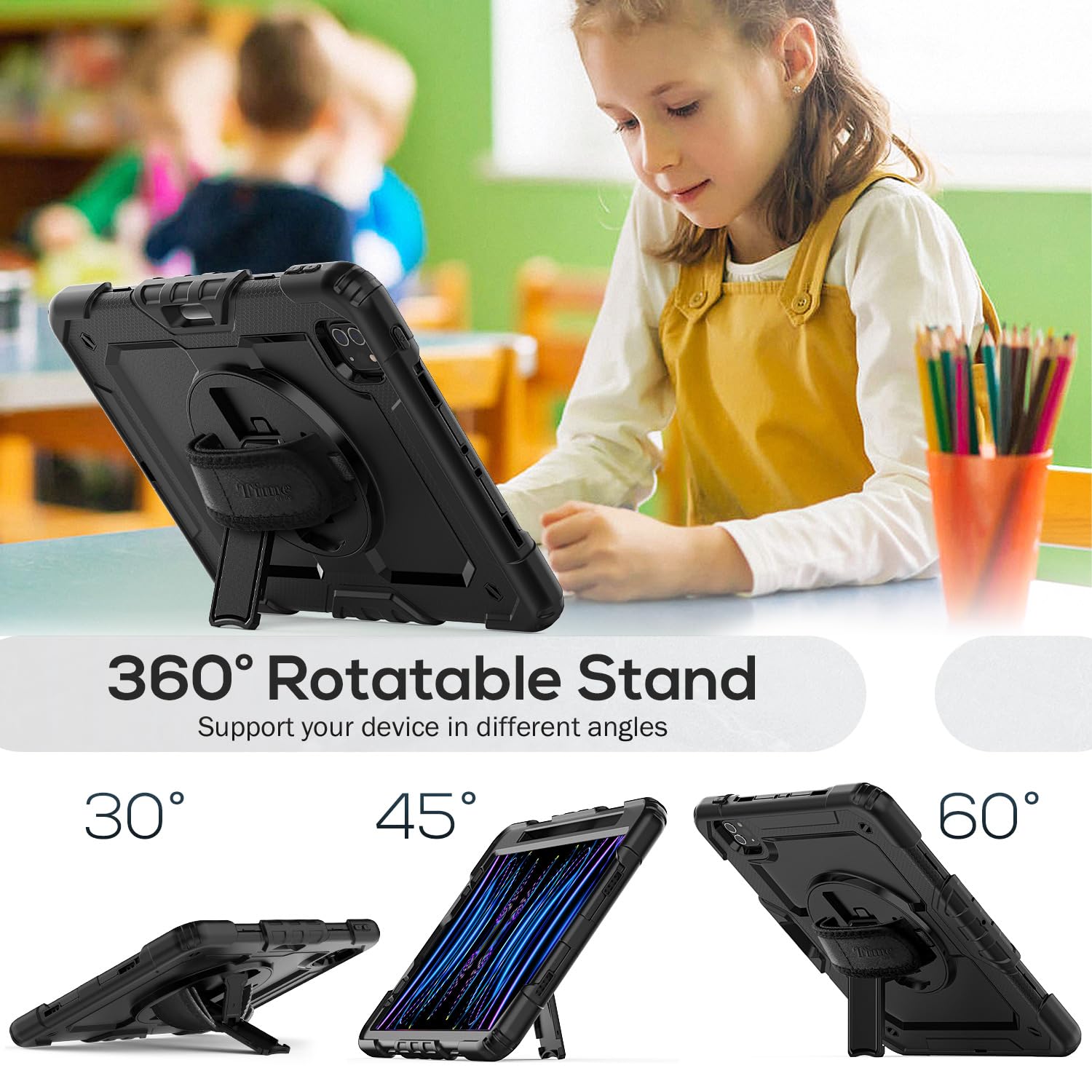 Timecity Heavy Duty Rugged Case for iPad Pro 11 inch (1st-4th Gen) - Shockproof Protective Cover with Built-in Screen Protector, Apple Pencil Holder, 360° Rotating Stand & Handle, Adjustable Shoulder Strap (Black) - Perfect for Work, Travel and Outdoor Adventures