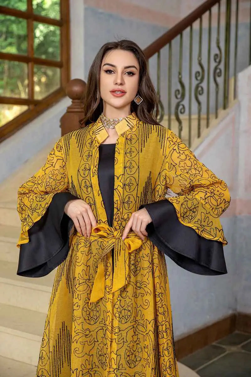 2 Piece Women's Ruffle Sleeve Open Abaya Kaftan Dress Set with Inner Sleeveless Dress - Elegant Muslim Fashion for Prayer, Homewear, and Special Occasions
