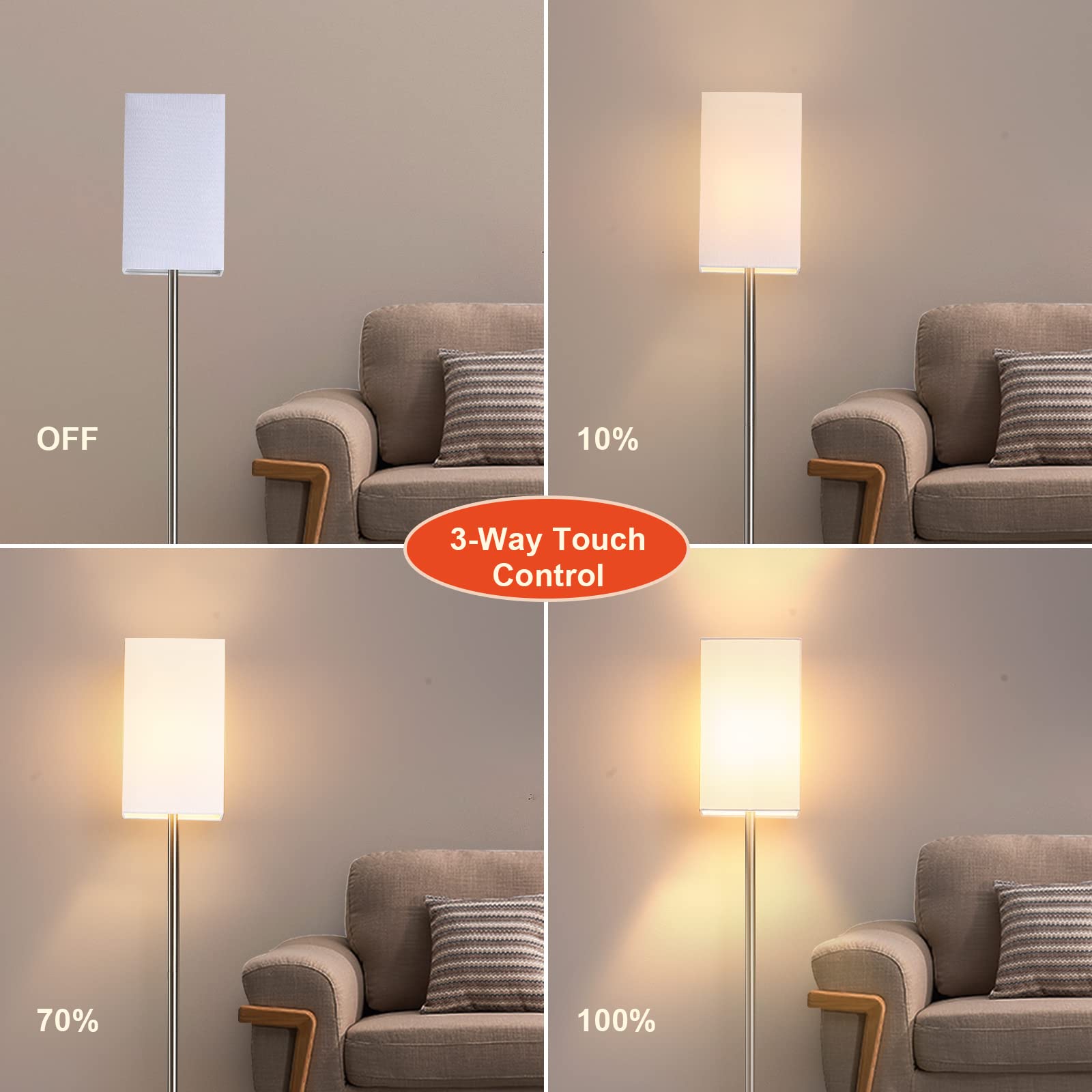 3-Way Touch Control Dimmable Floor Lamp with Sturdy Marble Base & Brushed Nickel Finish - Adjustable Standing Lamp with Square Linen Shade for Living Room, Bedroom, Office - Includes LED Bulb for Home Decor & Ambient Lighting