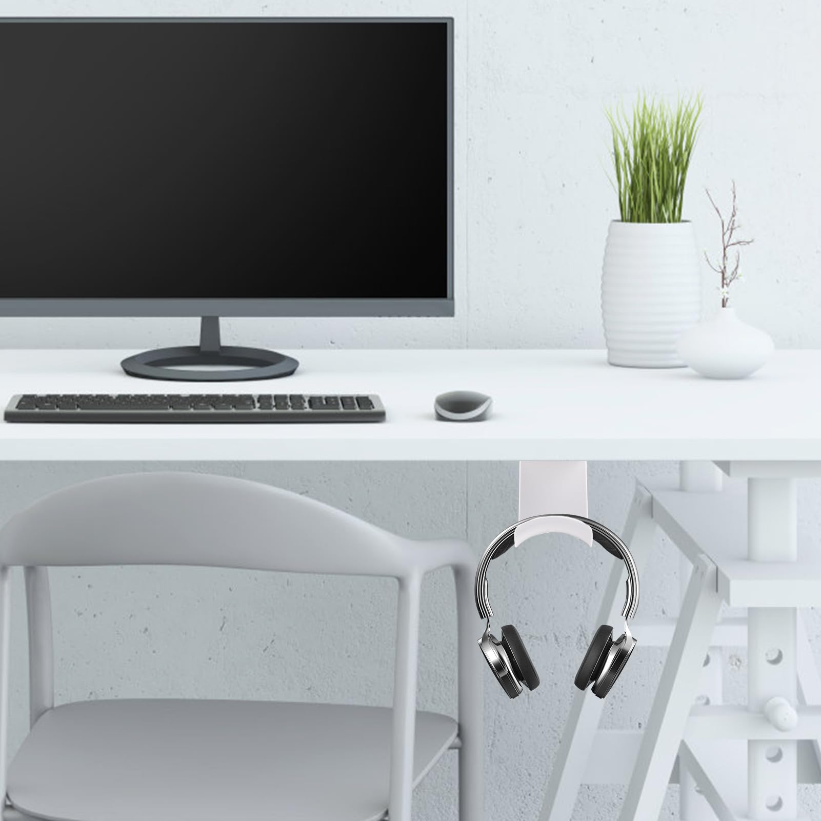 SRLWMYI Strong Adhesive Headset Stand Holder with Hook - Universal Gaming & Office Headphone Hanger, White - Perfect for Desk Organization & Gaming Setup Accessories