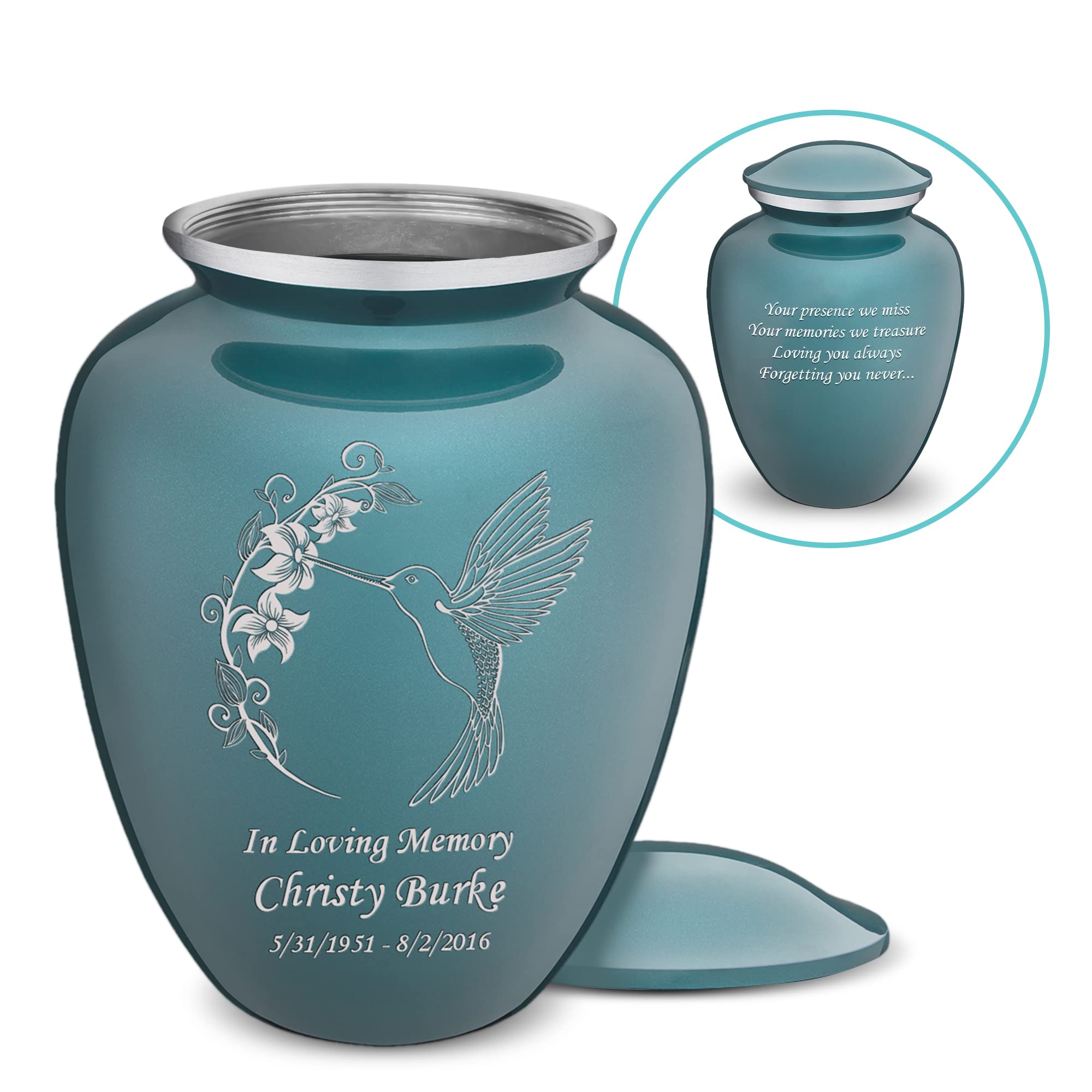 Personalized Hummingbird Cremation Urn for Human Ashes - Large Teal Funeral Urn with Double Side Engraving for Adults (200 lbs Capacity) | Memorial Keepsake for Home, Funeral Service & Scattering Ceremonies
