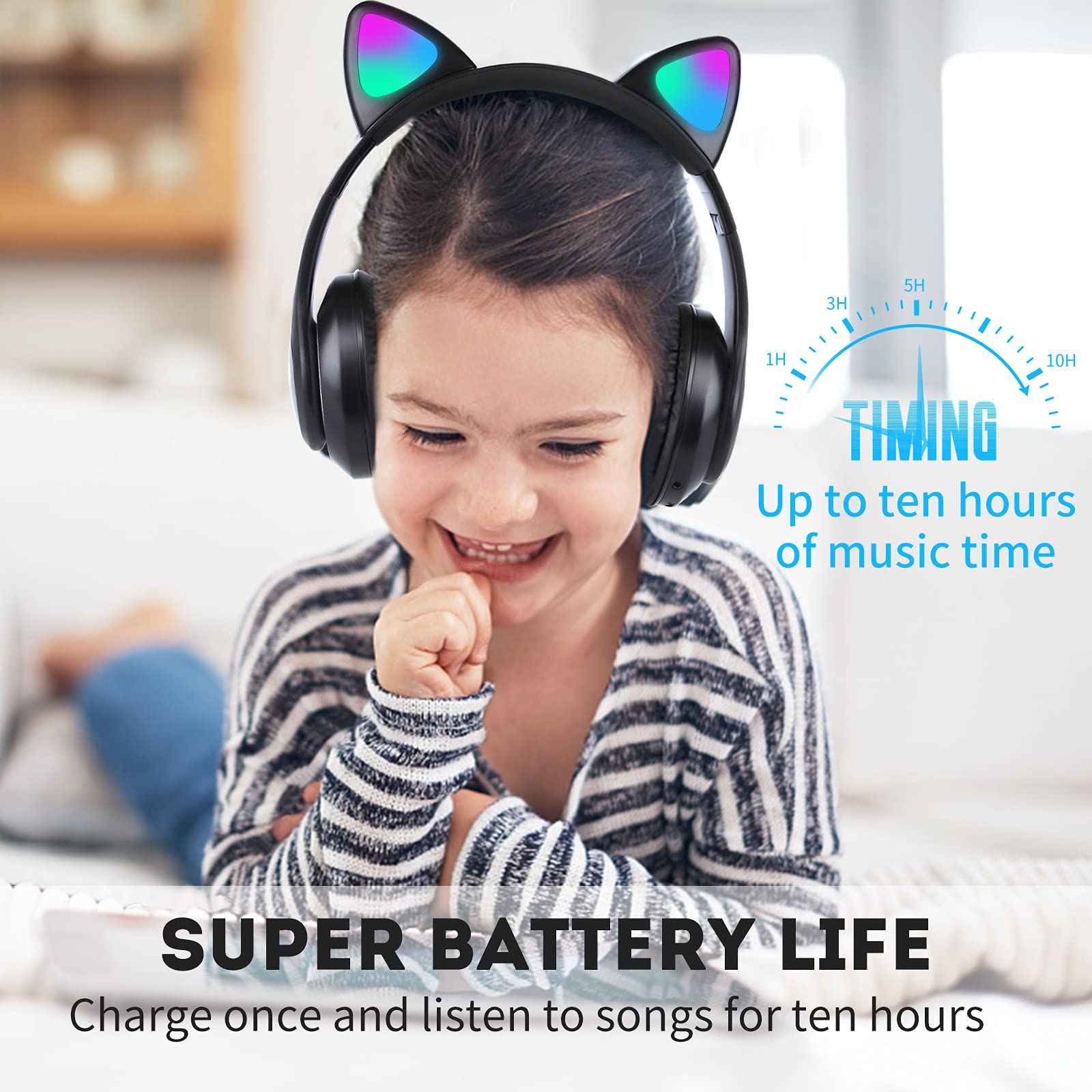 Wireless Cat Ear LED Bluetooth Headphones for Kids - Foldable Over-Ear Adjustable Headset with Microphone, Stereo Sound, Light Up Feature - Perfect Gift for Cat Lovers (Black) - Great for Gaming, Music, Online Classes & Travel