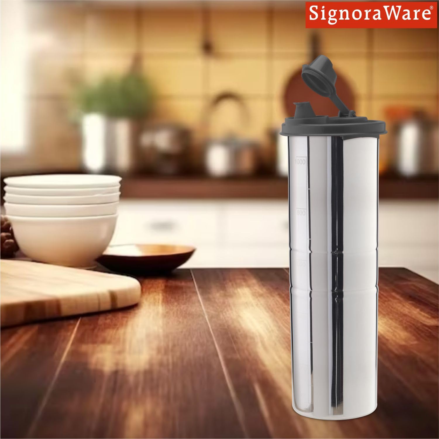 SIGNORA WARE 1.1L Stainless Steel Oil Dispenser Bottle with Lid - Leak Proof, Food Grade, 1100ml - Perfect for Kitchen, Salad Dressing, Olive Oil & Vinegar Pouring (Black, 1 Pack)