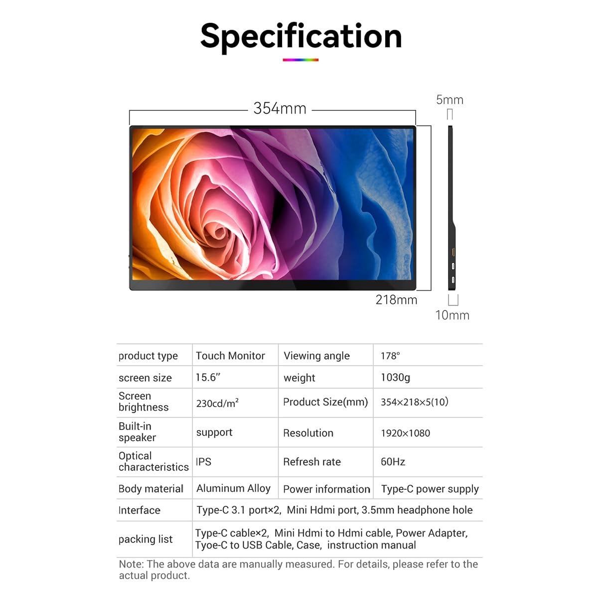 Suoumwa 15.6 Inch Portable Touchscreen Monitor - Full HD 1920x1080 IPS Display, FreeSync, USB-C HDMI Connectivity - Ideal for Gaming, Work & Travel with Laptop/Switch/PC/TV Box (EU Plug Included)
