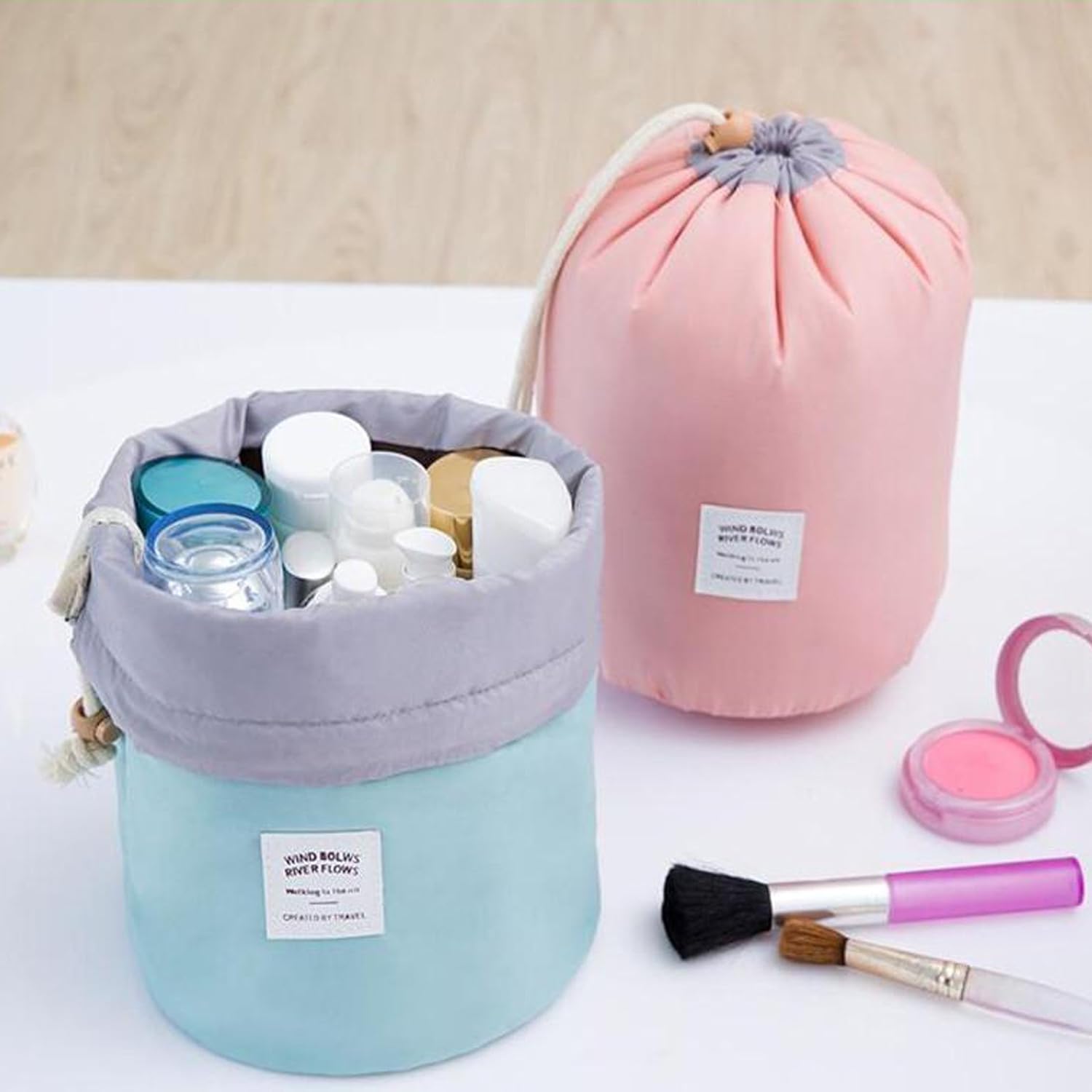 Stylish Peach Bucket Barrel Shaped Travel Cosmetic Makeup Bag for Women & Girls - Perfect for Travel, Gym, and Daily Organizer | AARNAVKART
