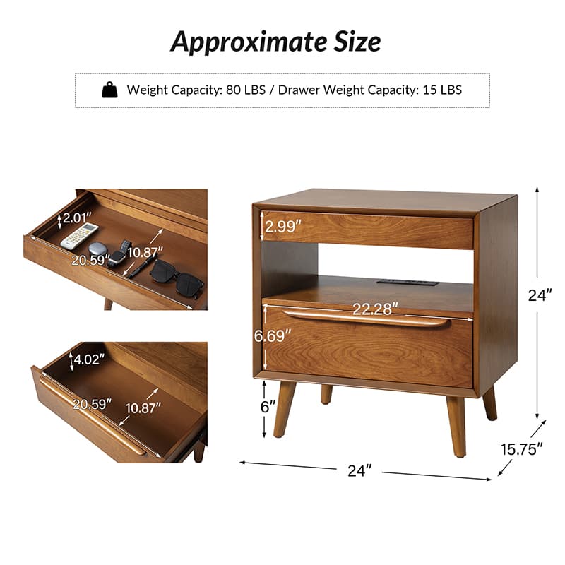 Mid Century Modern Nightstand with 2 Drawers & Built-In Outlets - Giralda Bedside Table for Bedroom, Living Room & Office (Optional Types)