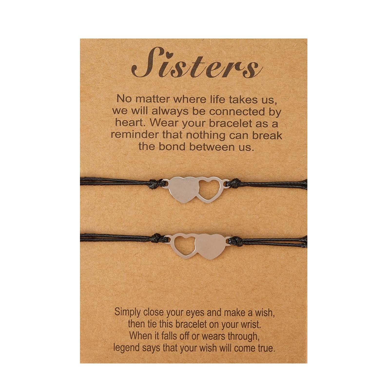 Matching Heart Wish Bracelets Set for Sisters - Adjustable Sister Bracelets Jewelry Gifts (Perfect for Birthdays, Anniversaries & Best Friend Gifts)