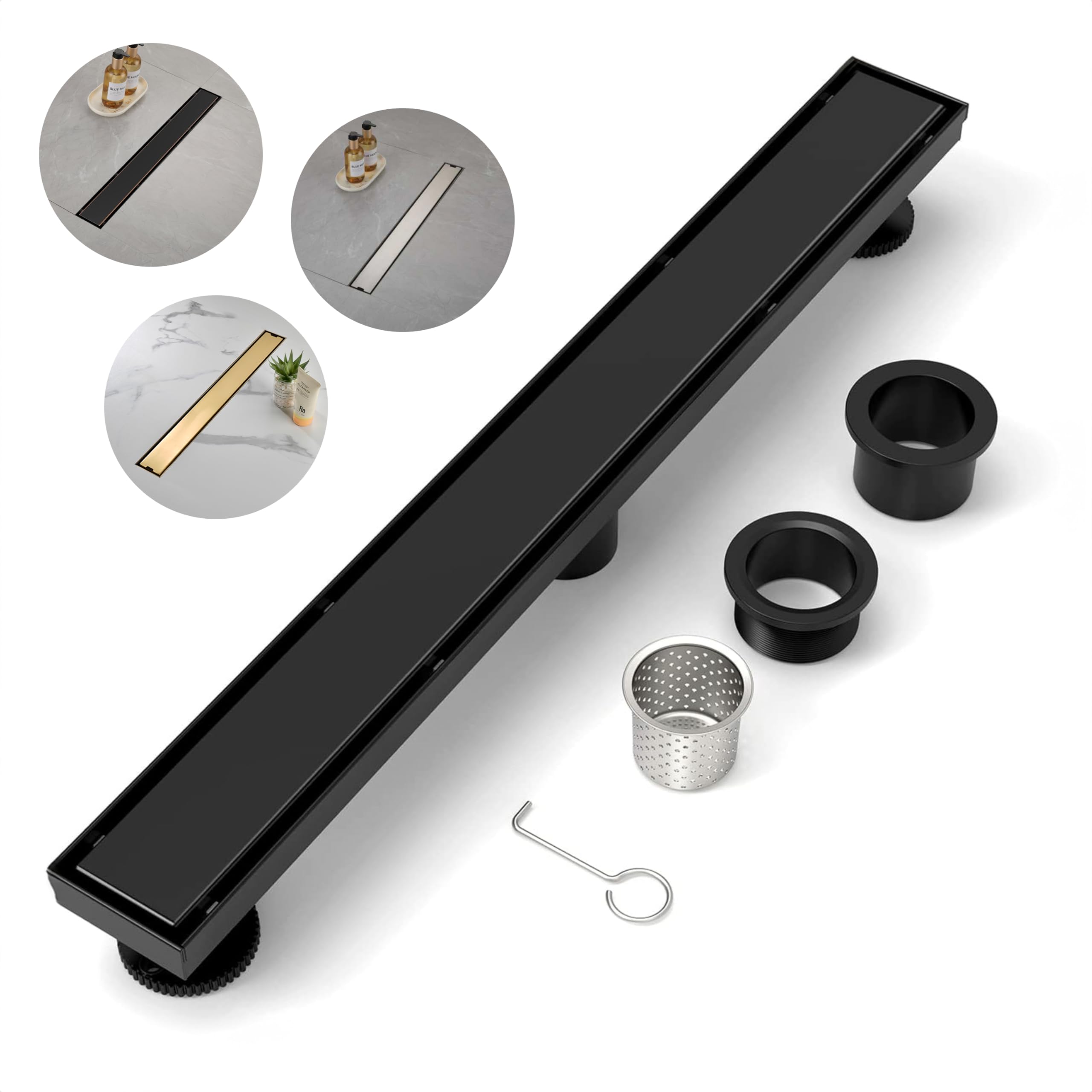 BRÜUN 24-Inch Linear Shower Drain - Matte Black 304 Stainless Steel Floor Drain with Removable Square Hole Panel, Leveling Feet & Hair Strainer - Perfect for Modern Bathroom & Wet Room Drainage Solutions