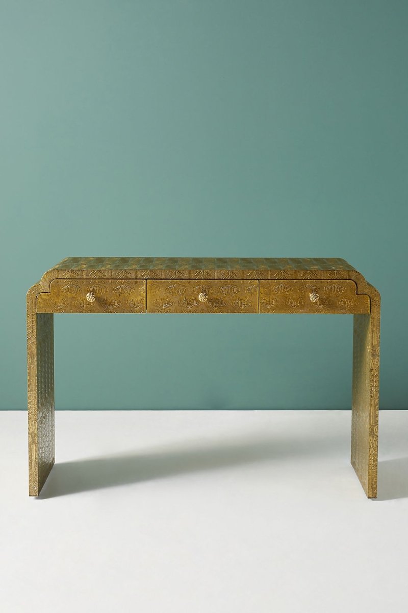 Antique Metal Hand Embossed Lotus Console Table - Elegant Entryway Furniture for Hallway, Living Room & Foyer Decor