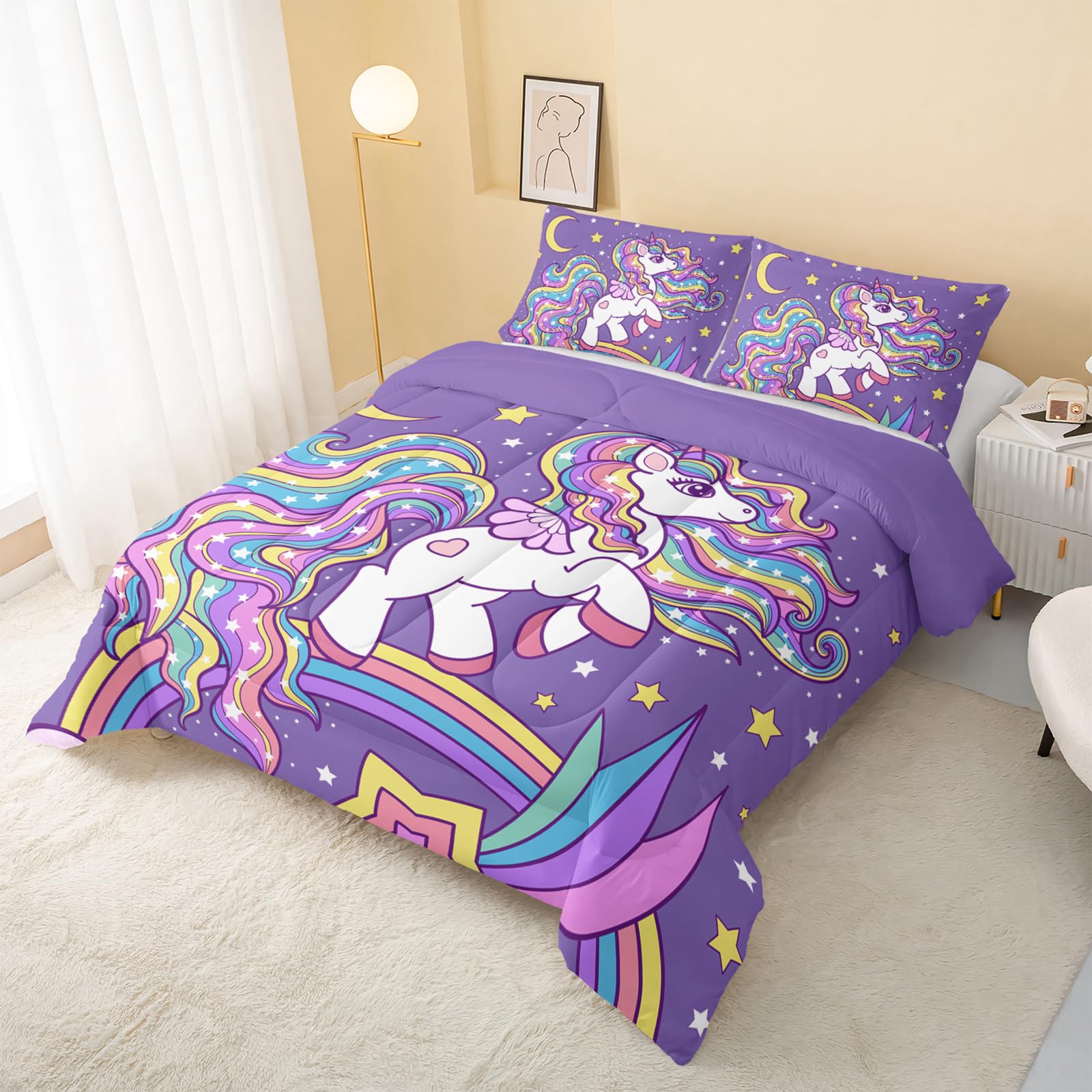 QOOMO Unicorn Comforter Set Queen Size - Rainbow Printed 3-Piece Bedding with 2 Pillowcases | Soft, Lightweight Down Alternative for Kids, Teens & Girls | Perfect for Bedrooms, Sleepovers & Cozy Nights
