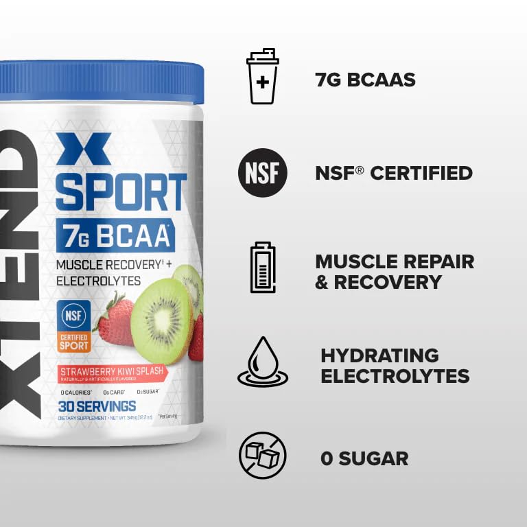 XTEND Sport BCAA Powder Strawberry Kiwi Splash - Electrolyte Powder for Recovery & Hydration with Essential Amino Acids - 30 Servings - Post Workout Drink for Athletes & Fitness Enthusiasts