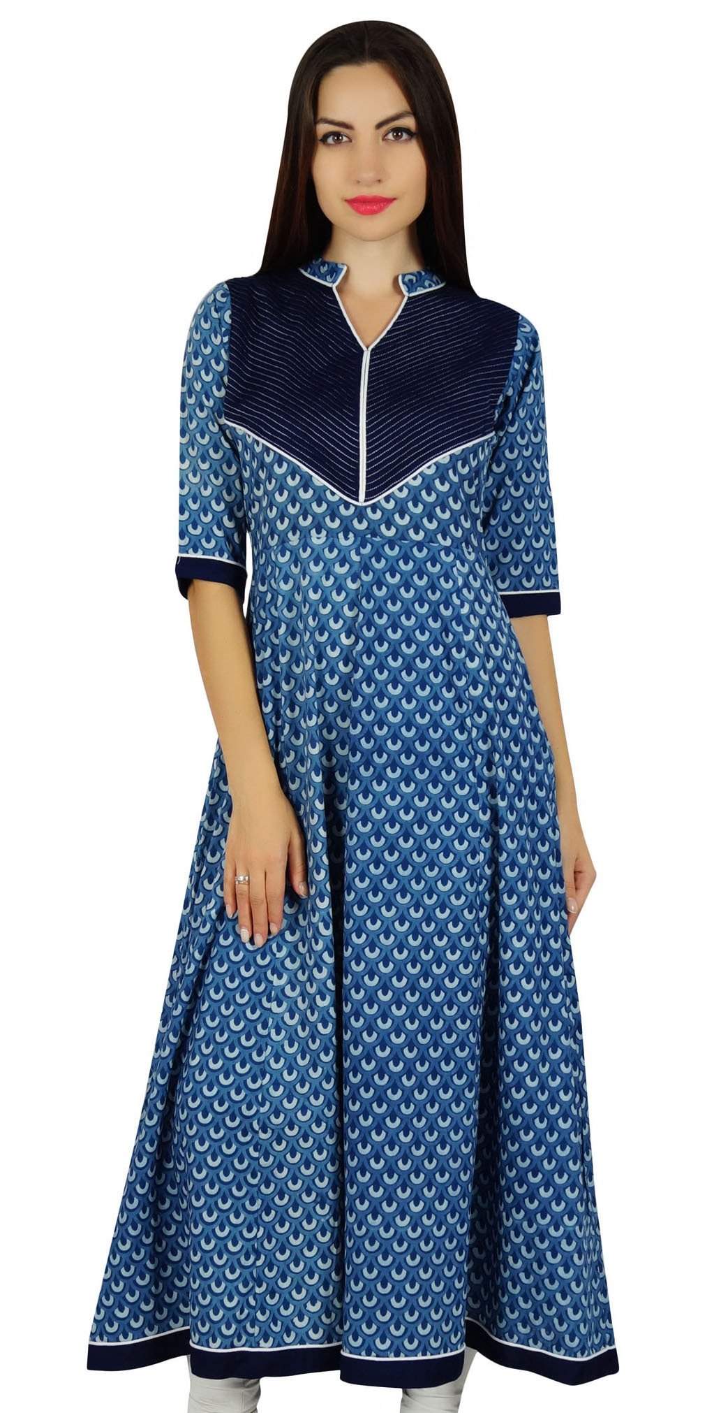 Bimba Women's Ethnic Printed Blue Anarkali Kurta - Block Print Designer Kurti for Casual Wear & Festive Occasions | Perfect for Diwali, Weddings & Cultural Events