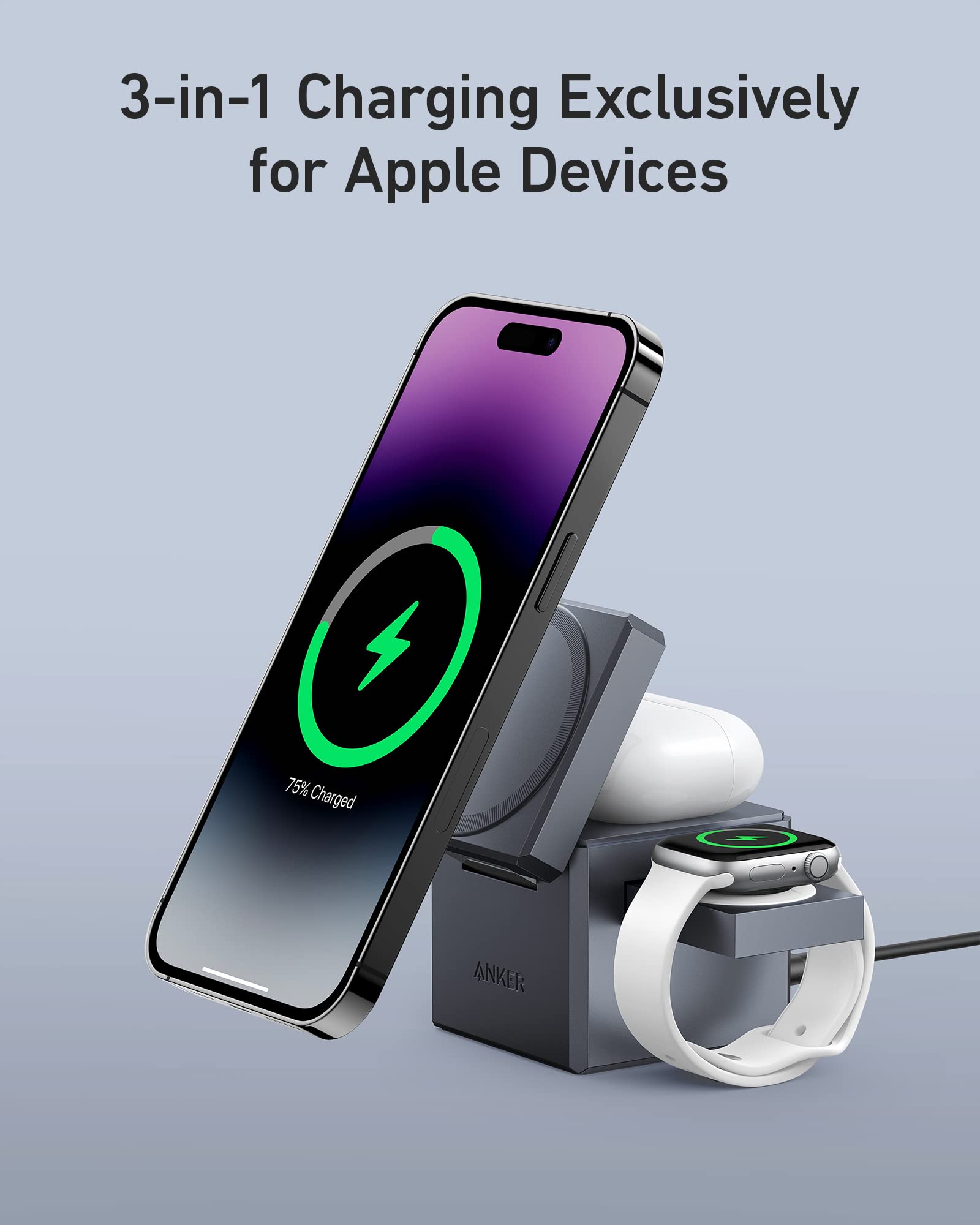 Anker 3-in-1 MagSafe Wireless Charging Stand - 15W Fast Charger for iPhone 16/15/14/13, Apple Watch & AirPods | Foldable Cube Design with Included Power Adapter | Perfect for Bedside, Office & Travel Charging