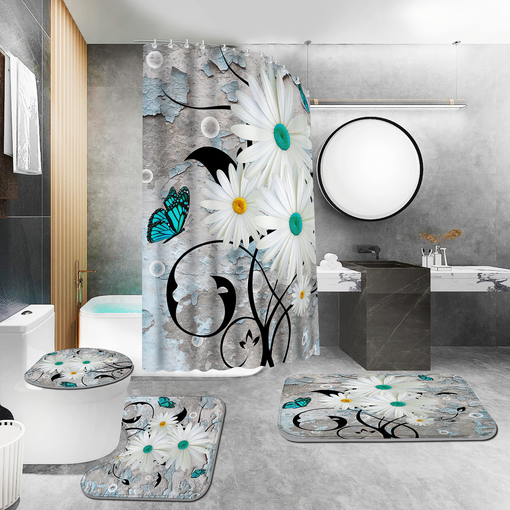 Premium 4-Piece Shower Curtain Set with Non-Slip Rugs - Bathroom Decor for Home & Hotel Use