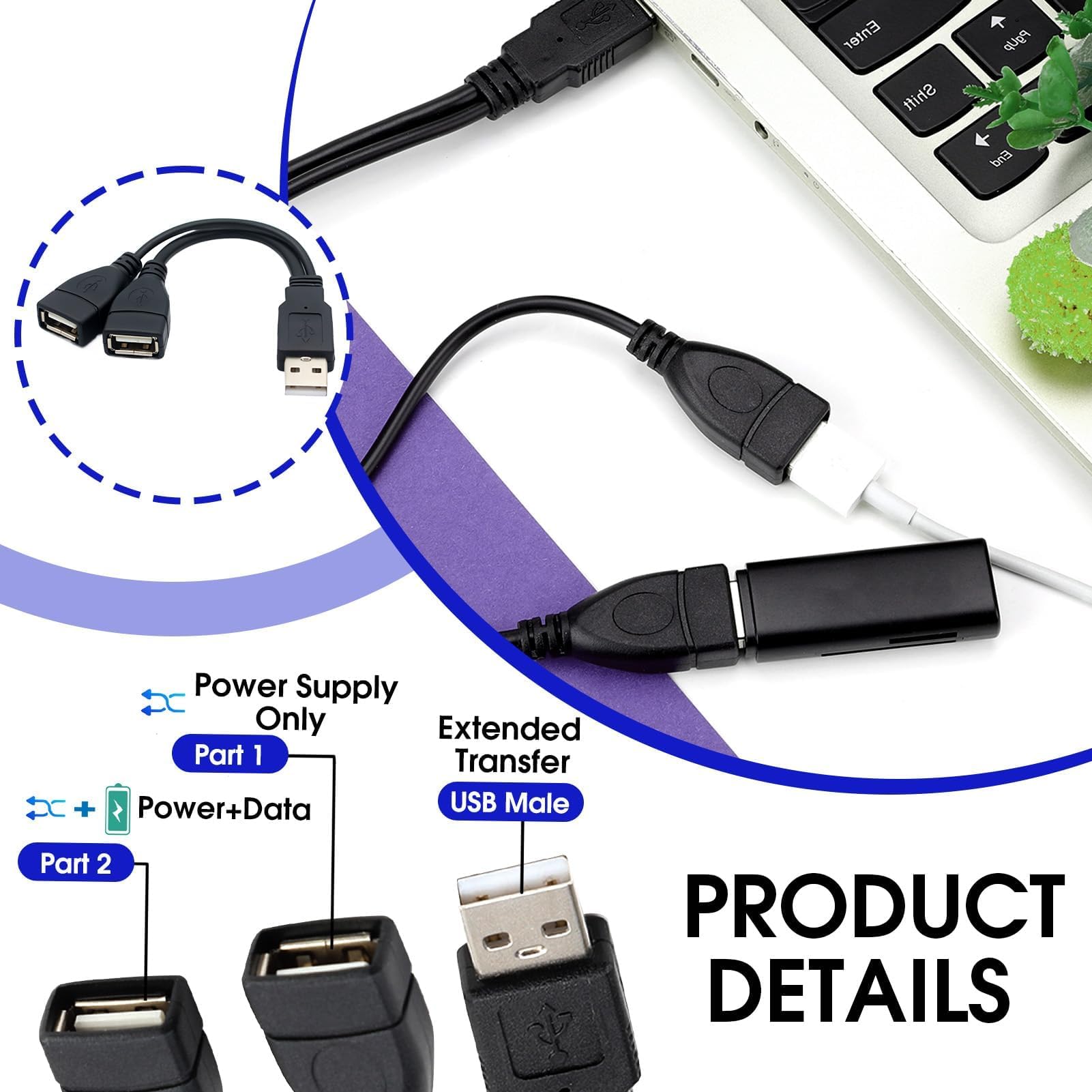 Dual USB Female to USB Male Extension Cable - 2-Port Y Splitter for Charging & Data Sync - Compatible with Laptop, Tablet, Smartphone - Mobile Device Power Adapter (Black, 15cm) - Perfect for Office, Travel & Multi-Device Charging