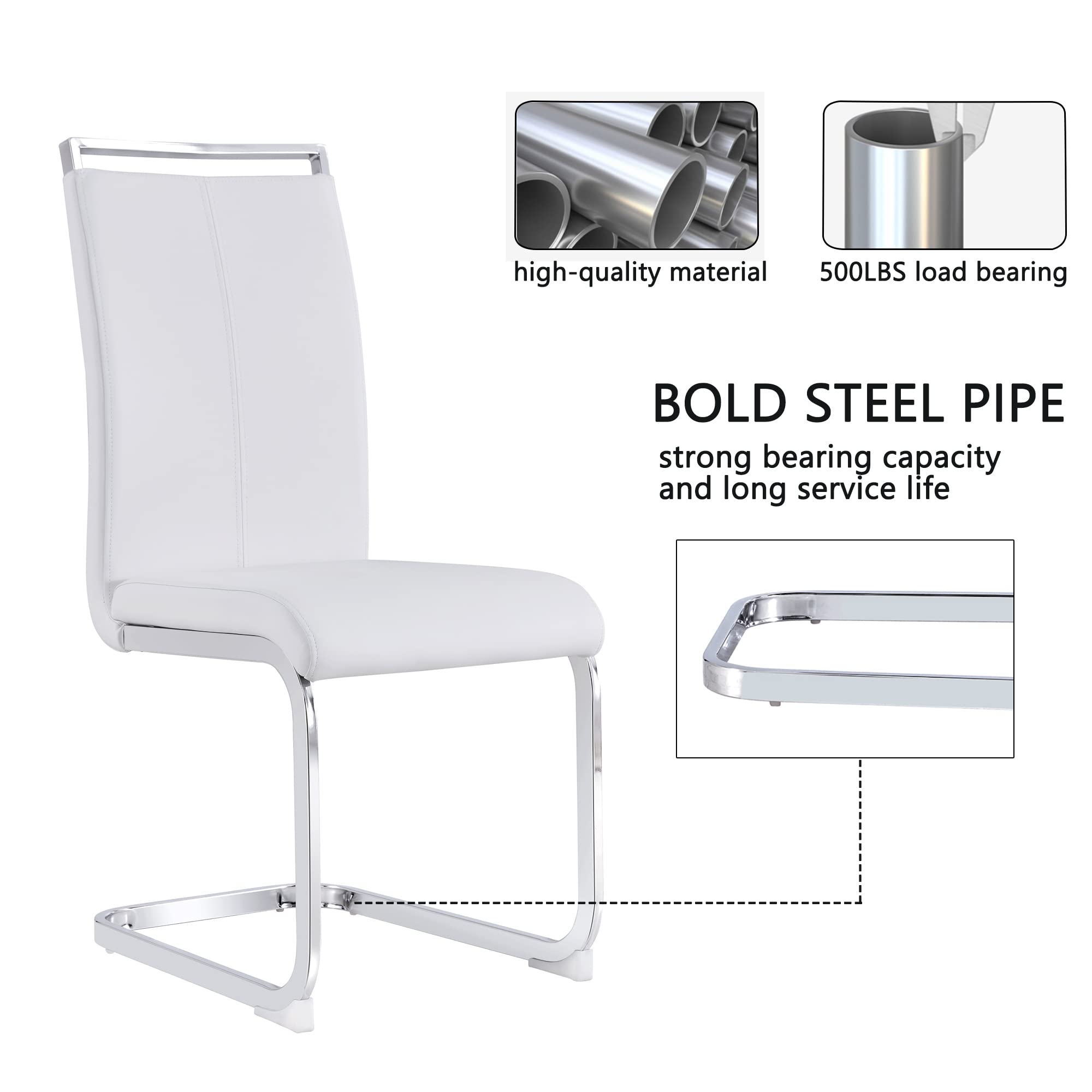 AZmac Modern Leather Dining Chairs Set of 4 - Armless Kitchen Chairs with Upholstered Padded Seat & Sturdy Chrome Legs - White PU Leather for Dining Room, Kitchen, Restaurant, Office & Home Decor