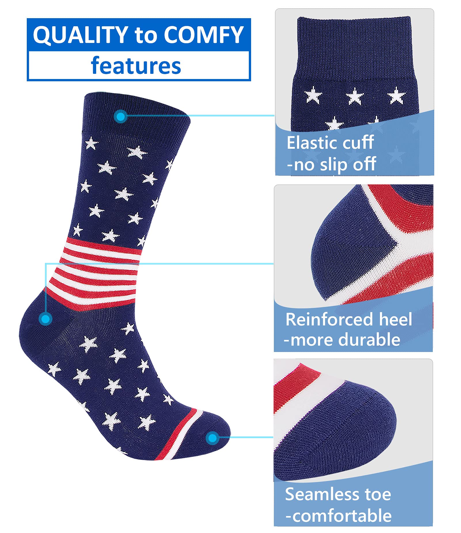 Patriotic American Flag Socks for Men - Red White & Blue Stars & Stripes Design - Comfortable Novelty Crew Socks for 4th of July, Veterans Day & Patriotic Events