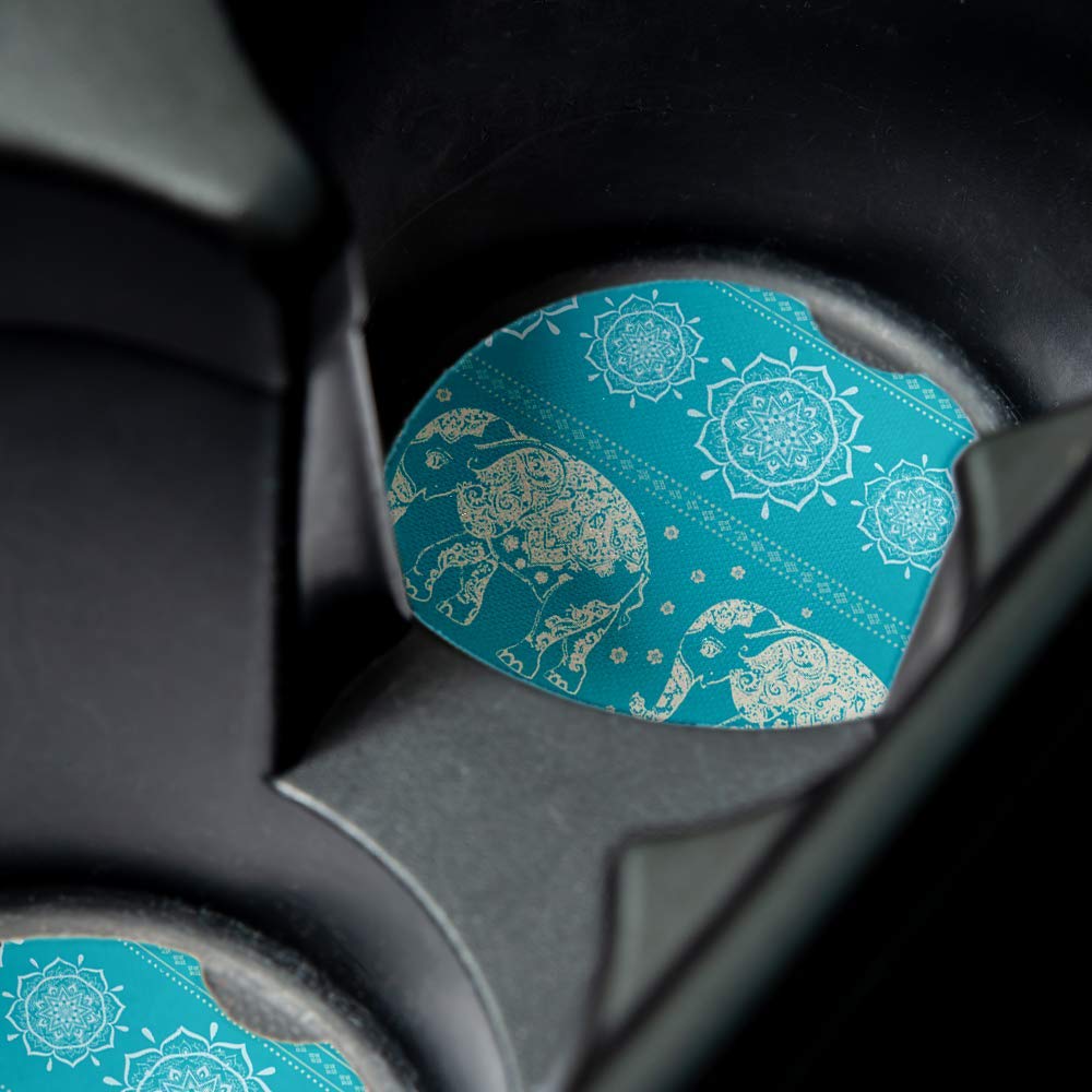 Blue Elephant Pattern Print Car Coasters Set of 2 - Absorbent Drink Coasters with Non-Slip Rubber Backing (2.56 Inch) - Perfect Car Accessories for Coffee, Soda & Water Bottles - Ideal for Road Trips, Commuting & Daily Driving
