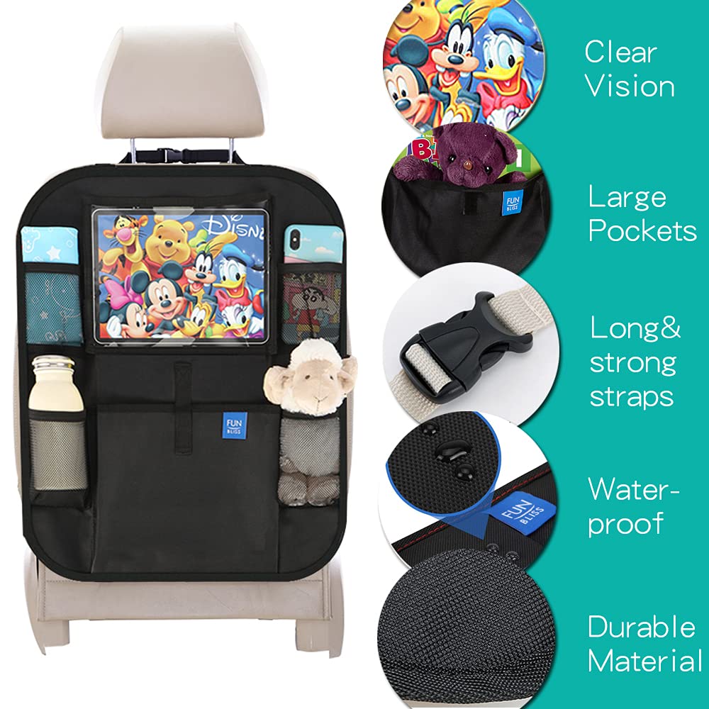 FunBliss XL Car Seat Protector & Kick Mats - Black Backseat Organizer with Storage Pockets | Universal Fit for All Cars | Durable Child & Baby Car Seat Cover | Perfect for Family Road Trips & Daily Commutes