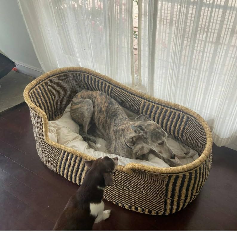Premium Dog Bed Basket with 3-Inch Thick Mattress - African Woven Wicker Puppy Bed - Bolga Handwoven Pet Basket - Cozy Dog Furniture for Small & Medium Dogs - Perfect for Living Room, Bedroom & Pet-Friendly Spaces