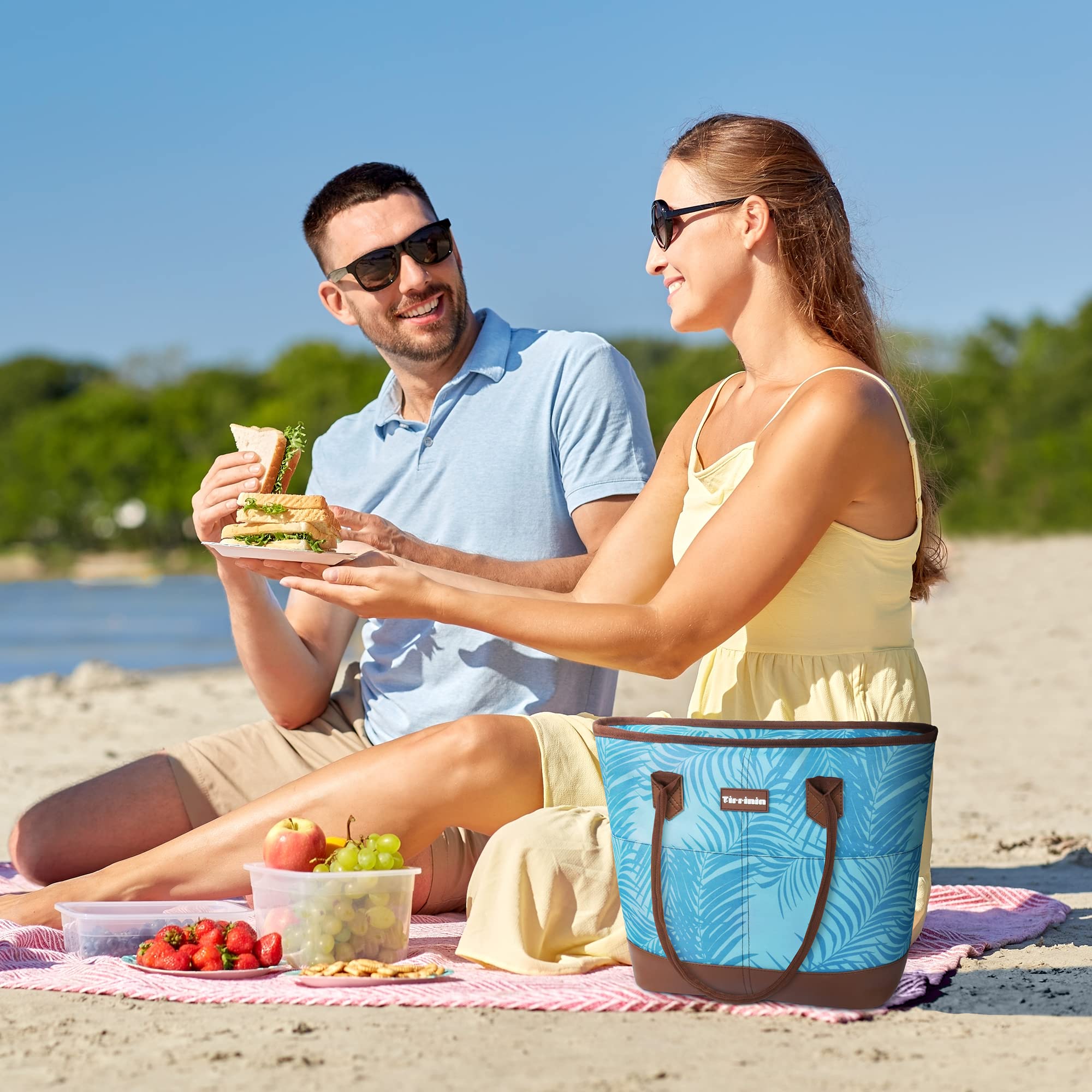 Tirrinia Large Insulated Lunch Tote Bag for Women - Waterproof Leakproof Cooler Bag with Zipper for Work, Beach, Grocery Shopping & Frozen Food Storage - Blue Leaf Design - Perfect for Office, Picnics & Travel