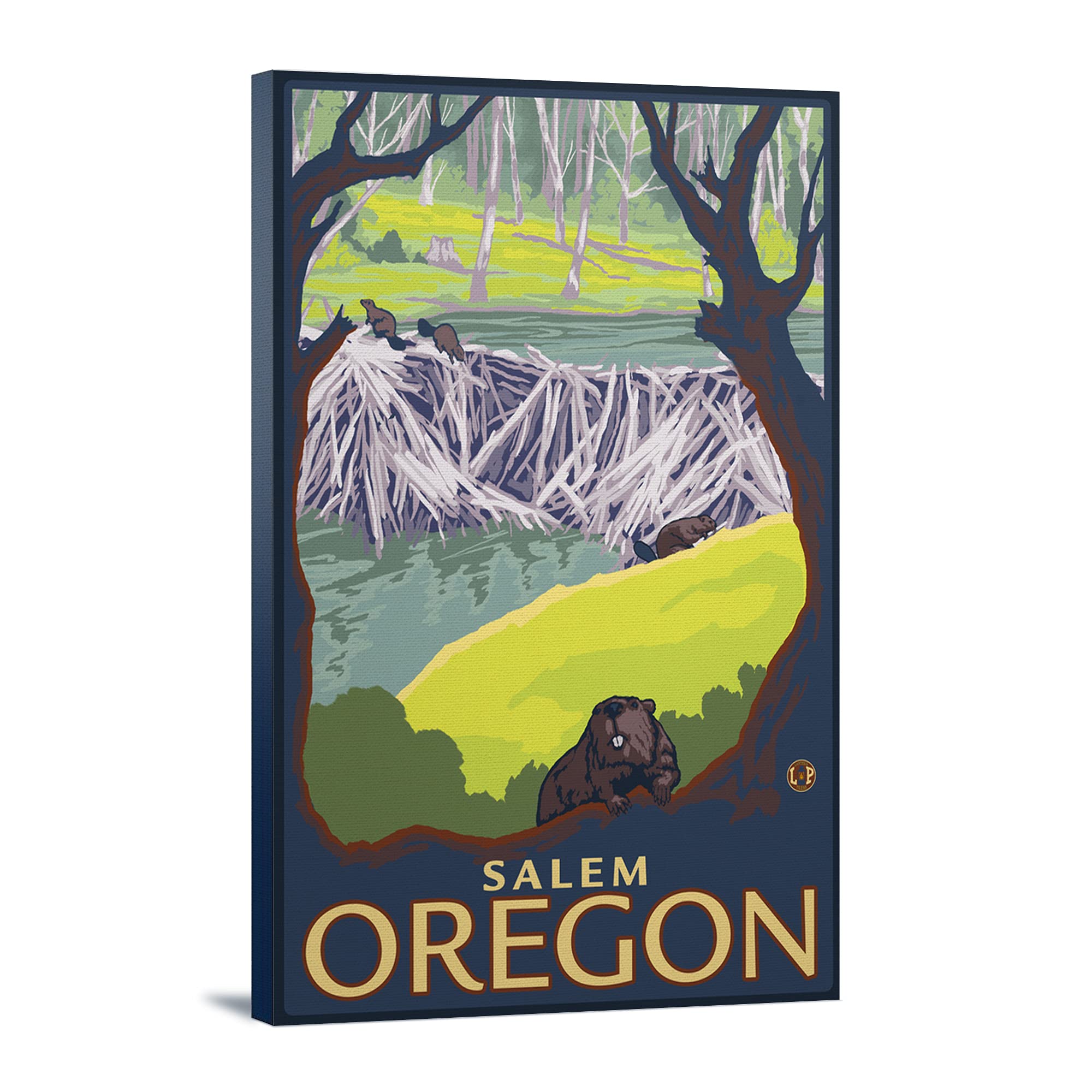 Beaver Family Wall Art - Salem Oregon Landscape (12x18 Wrapped Canvas) - Nature Inspired Home Decor for Living Room, Bedroom & Office