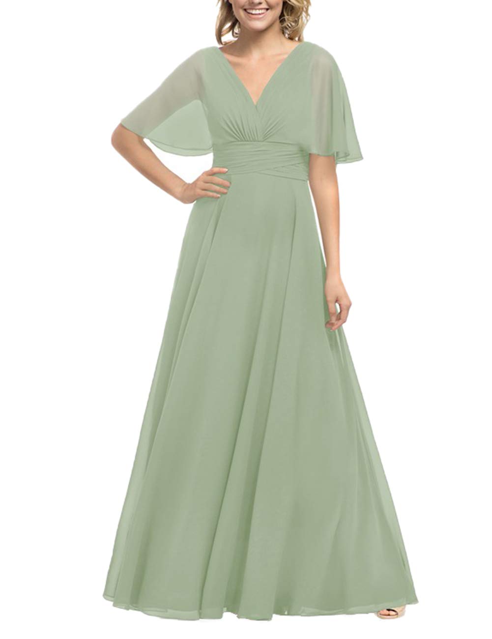 JAEDEN Elegant Long Chiffon Prom Dress with V-Neck & Sleeves - Perfect for Bridesmaids, Weddings & Formal Parties | Flowy Formal Gown for Evening Events, Homecoming & Special Occasions