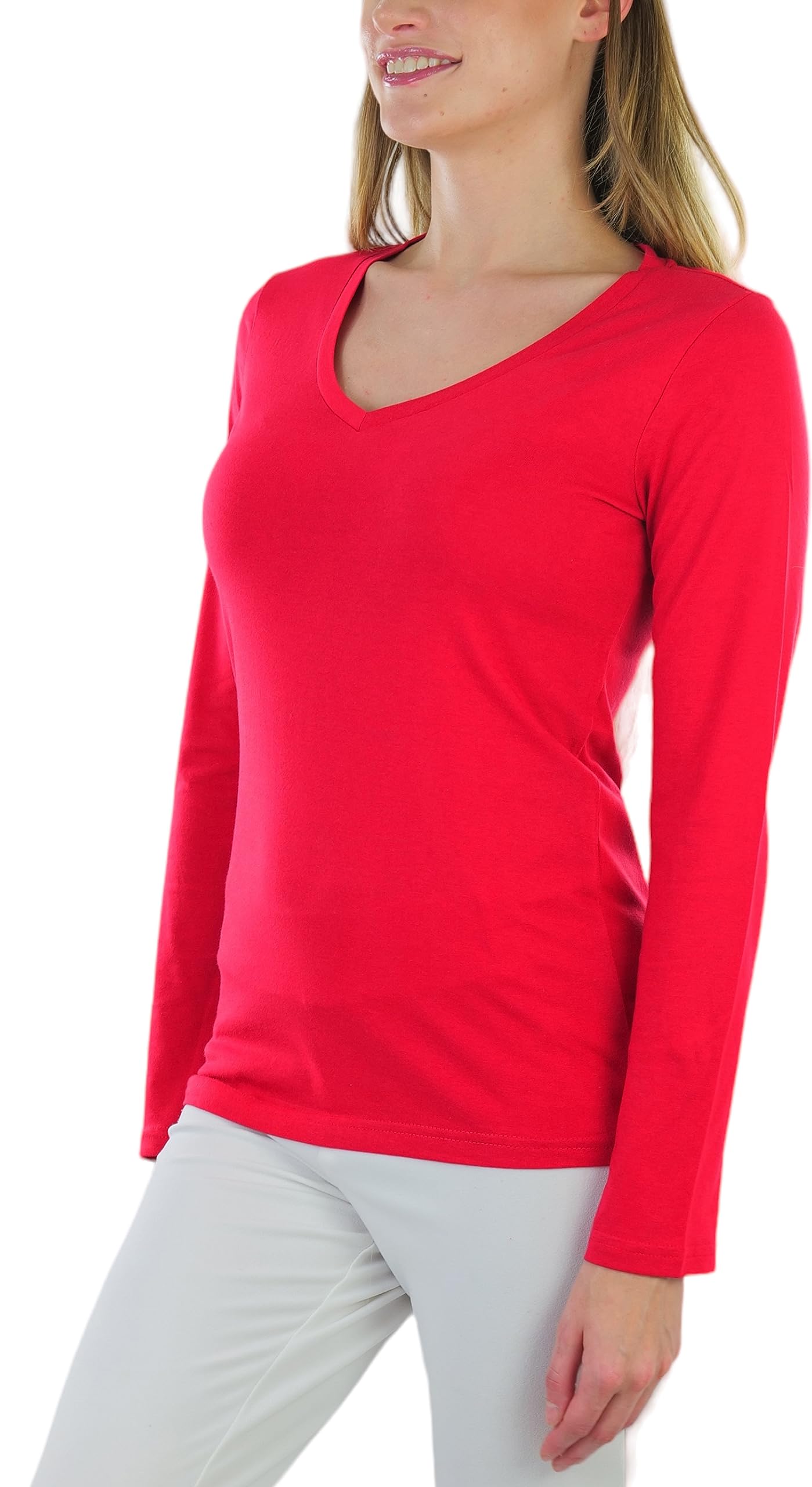 ToBeInStyle Women's Everyday Layering V-Neck Long Sleeve Cotton Blend T-Shirts - Soft Comfortable Basic Tees for Casual Wear, Work & Layering Outfits
