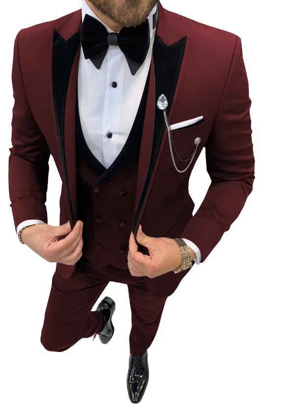 3-Piece Men's Velvet Peak Lapel Tuxedo Suit Set - Jacket, Vest & Pants for Wedding, Prom & Formal Events | Elegant Evening Wear & Special Occasion Outfit (CB4219)