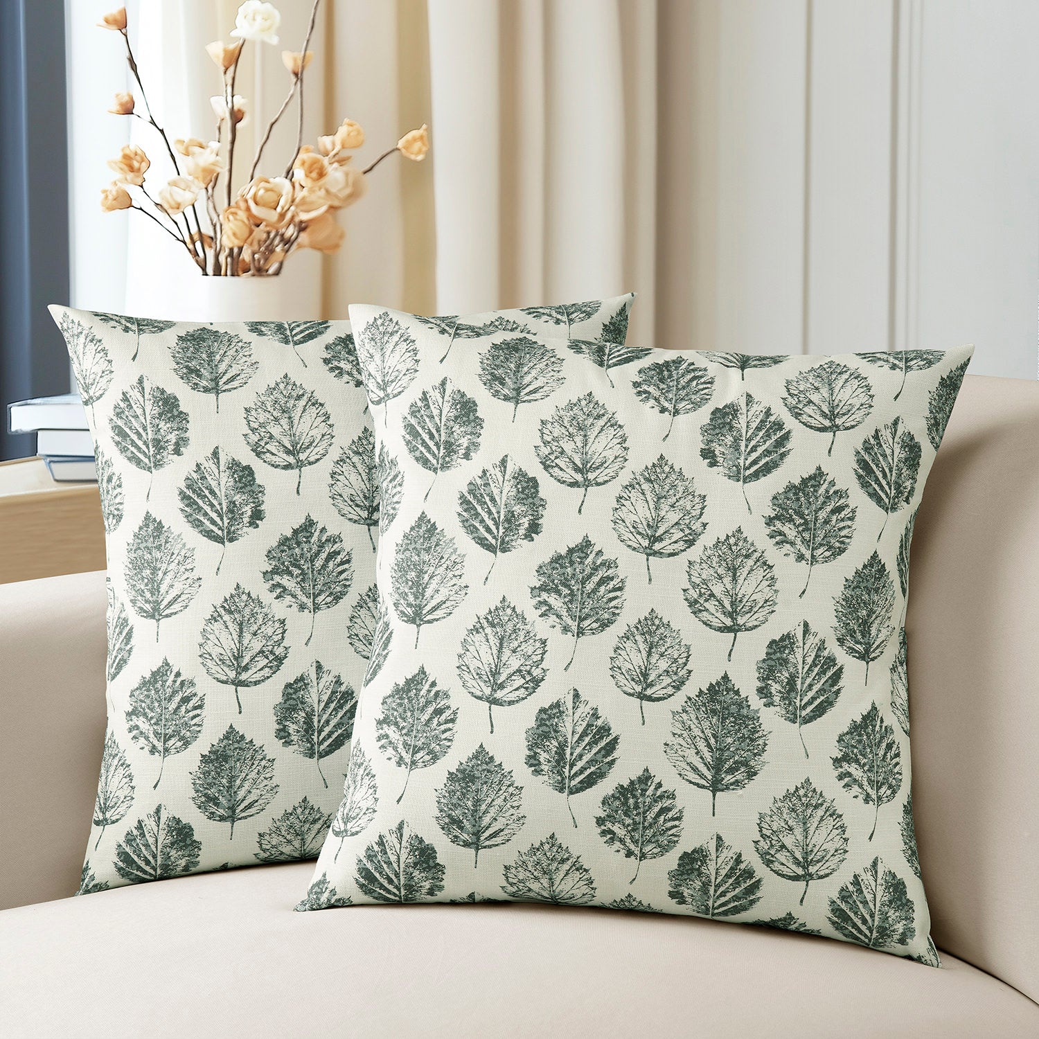 Elm Leaf Black Floral Printed Cotton Cushion Covers Set of 2 - Soft Decorative Pillow Cases for Sofa, Bed, Living Room & Home Decor