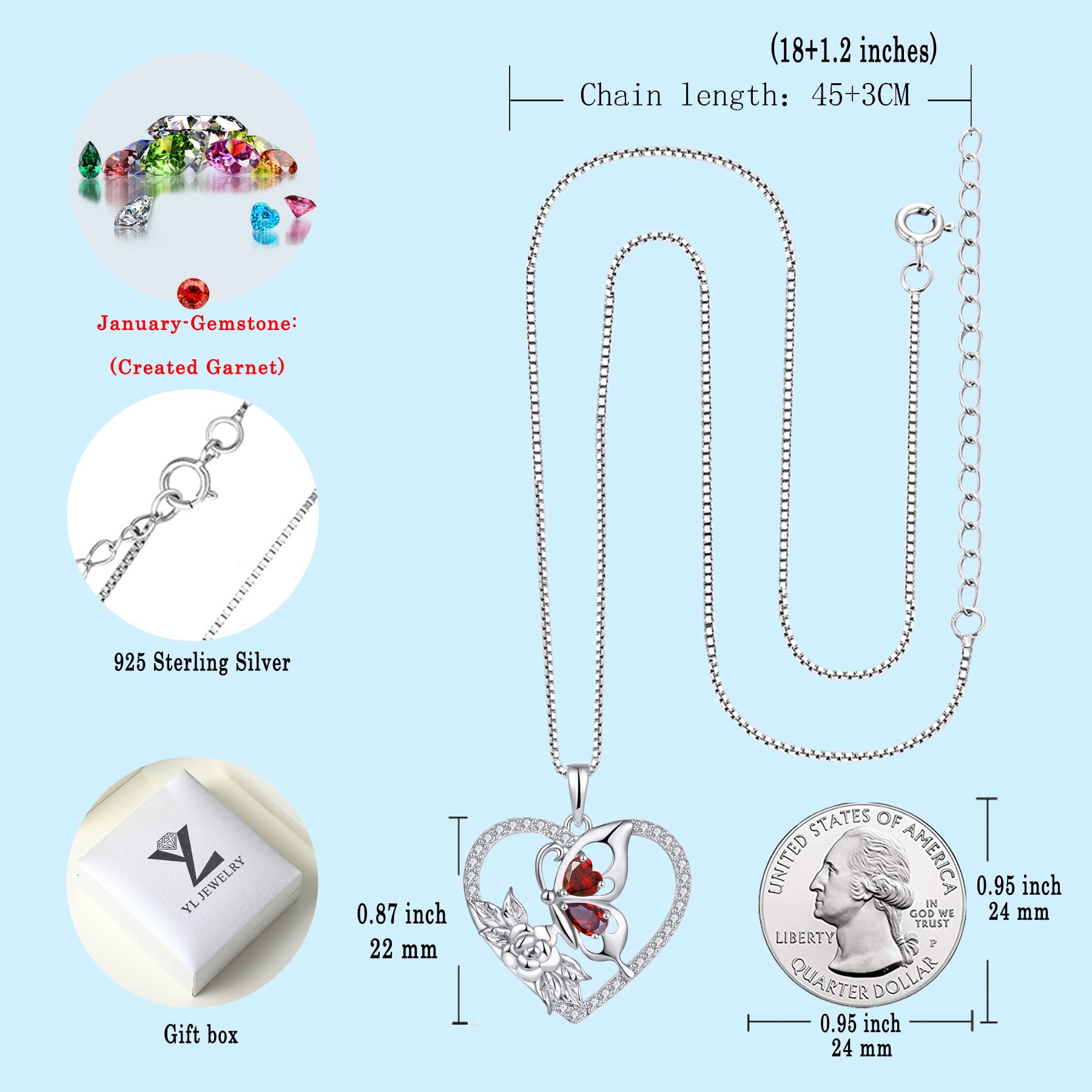 YL Women's Butterfly Necklace - 925 Sterling Silver Flower Rose Pendant with Birthstone Halo Jewelry for Valentine's Day, Anniversary & Birthday Gifts