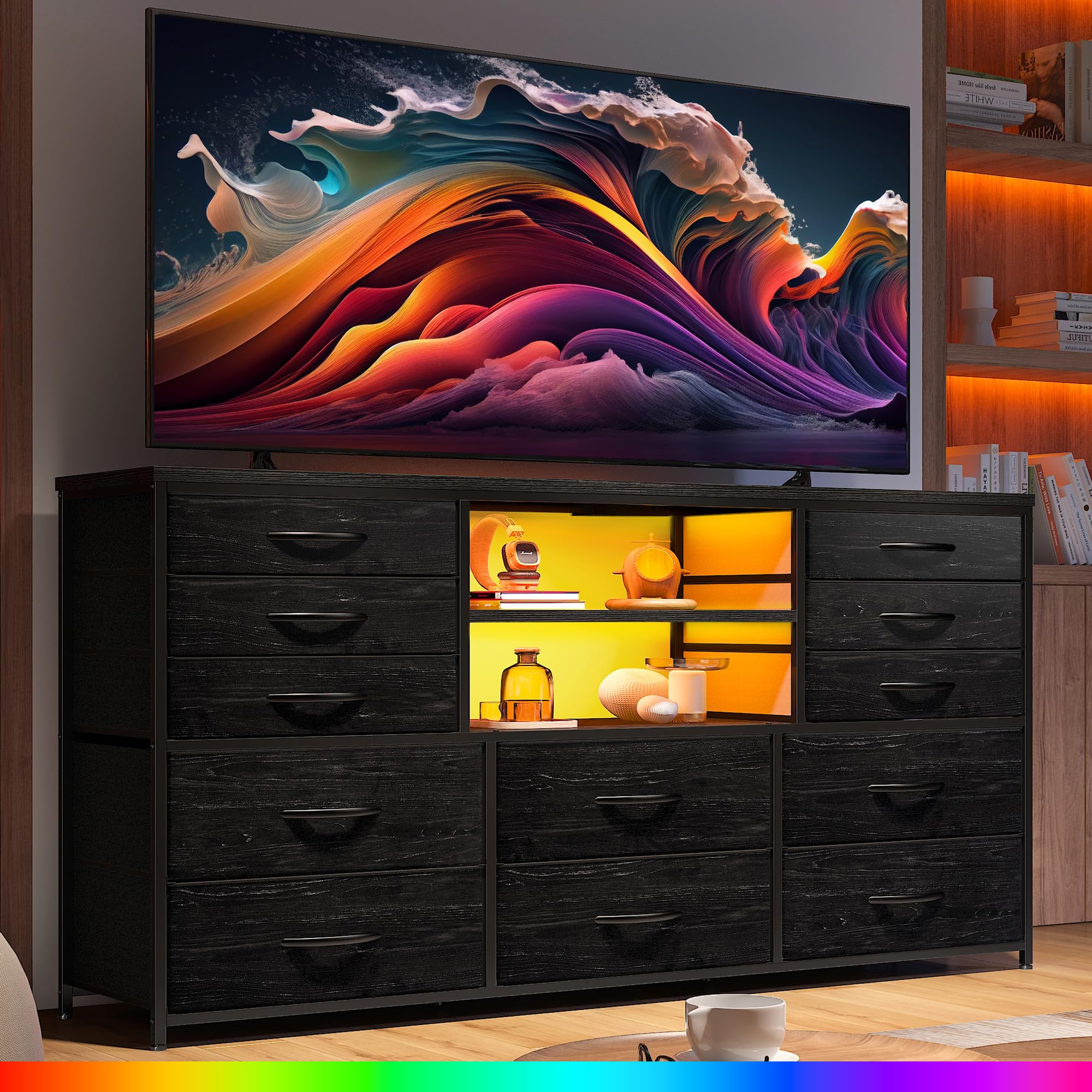 EnHomee 12-Drawer Black Dresser with LED Lights & Power Outlets - Sturdy Metal Frame TV Stand for 60'' TV, Fabric Dresser for Bedroom, Living Room, Hallway & Closet - Perfect for Home Organization & Entertainment Setup