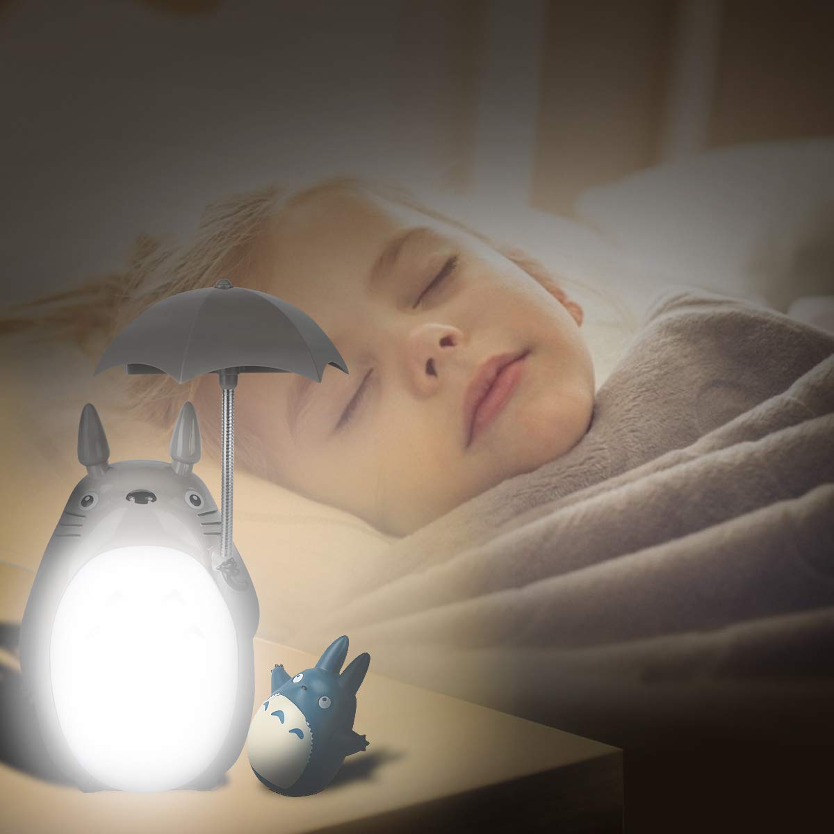 Awaiymi Totoro LED Night Light & Umbrella - Cute My Neighbor Totoro Character Lamp with USB Charging (White Belly) + Bonus Totoro Tumbler - Perfect for Kids' Room, Nursery Decor, and Anime Gift