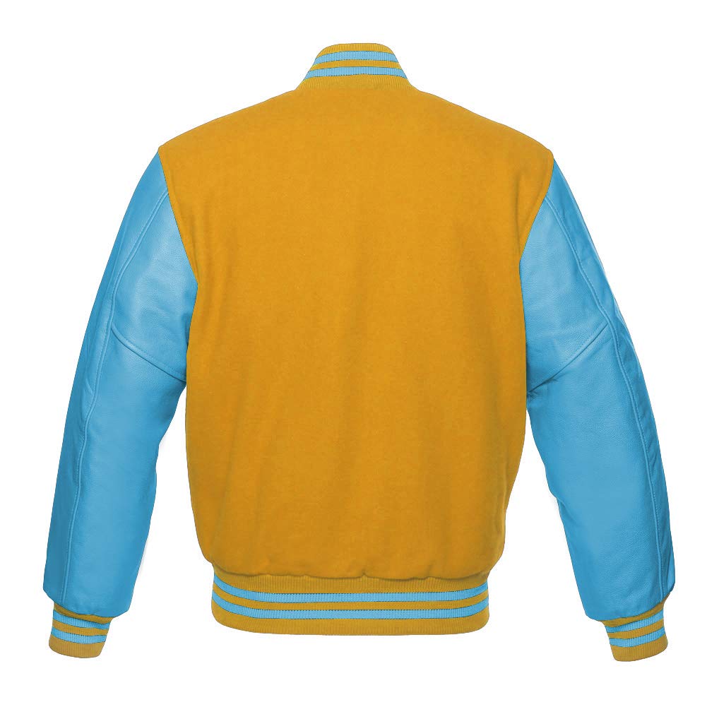 Varsity Jacket for Men - Baseball Letterman Bomber Jacket with Yellow Wool Body & Genuine Sky Blue Leather Sleeves | High School & College Style | Perfect for Sports Events, Casual Wear & Street Fashion