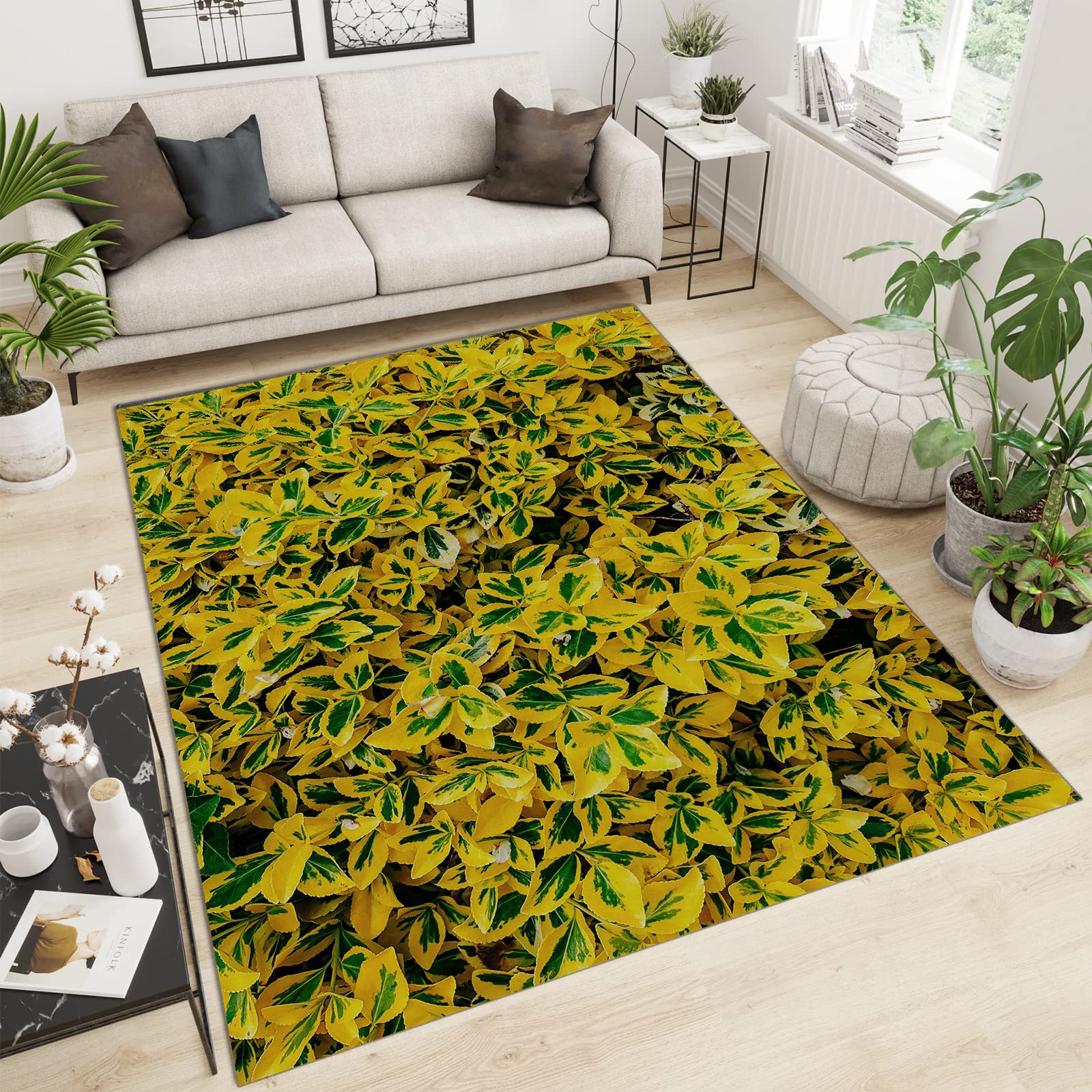 Mustard Yellow Leaf Area Rug 3x5ft - Soft, Breathable & Durable Living Room Carpet for Bedroom & Dining Room | Skin-Friendly & Wear-Resistant Floor Mat for Home Decor & Cozy Spaces