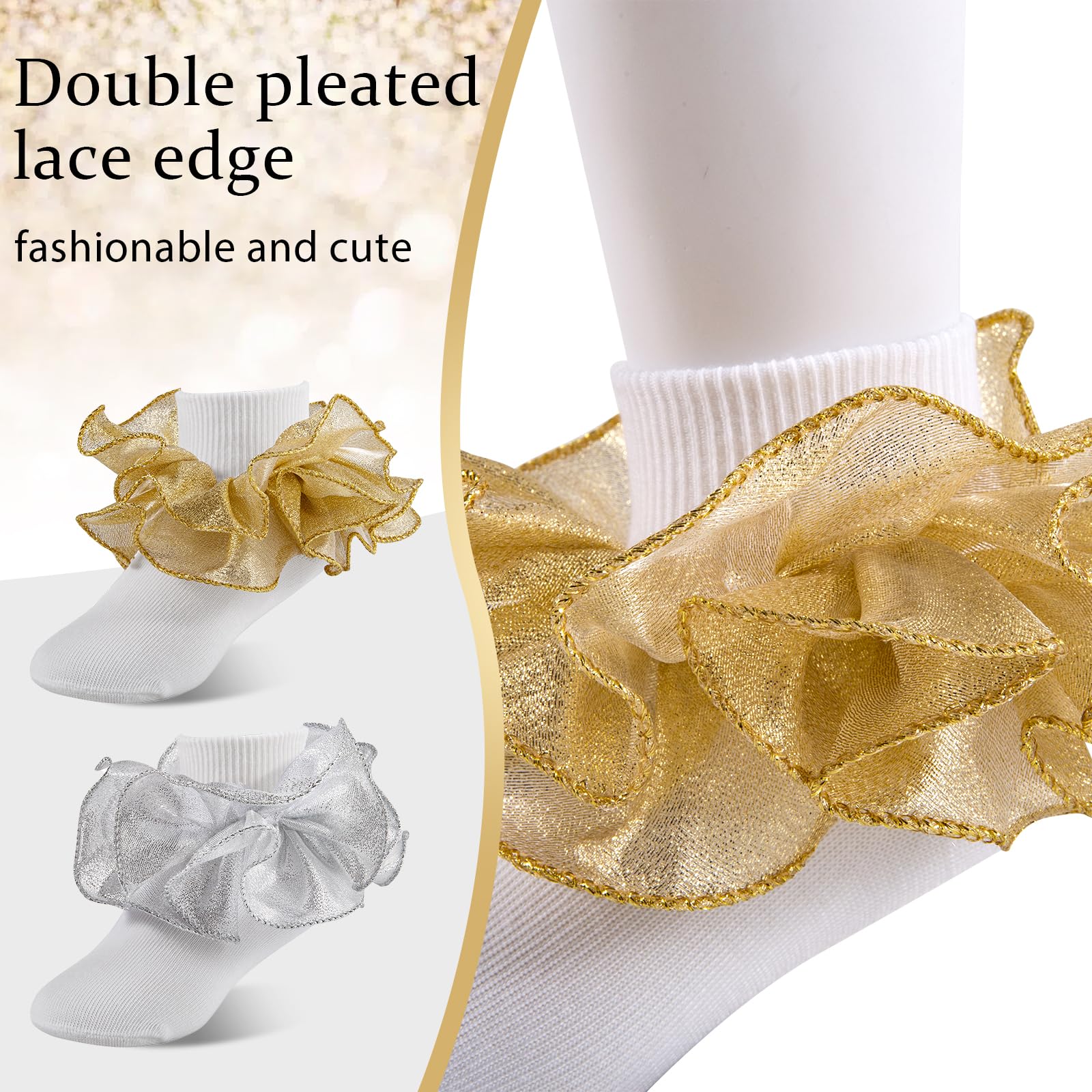 Big Ruffle Socks for Girls - Lace Frilly Dress Socks with Turn Cuff in White & Gold | Princess Style Kids Socks for Parties, Dresses & Special Occasions