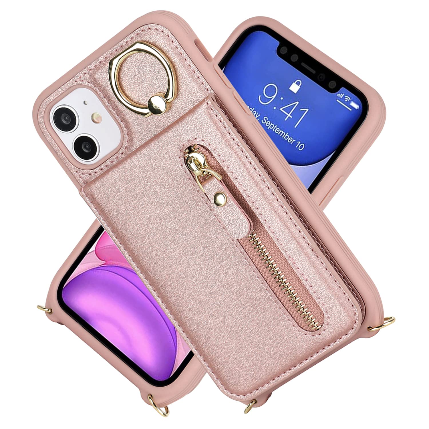 Premium Shockproof iPhone 11 Case with Card Holder & Kickstand - Rose Gold Wallet Phone Case for Women with Crossbody Strap & Zipper Closure | Perfect for Travel, Shopping & Everyday Protection