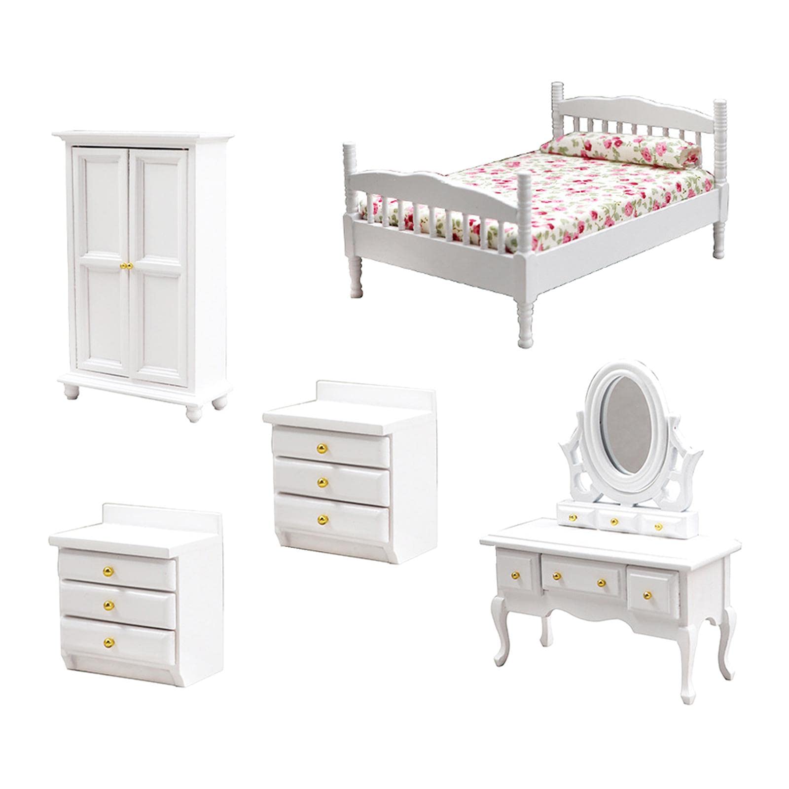 Almencla Mini Dollhouse Furniture Set - 5PCS Wooden Bedroom Furniture for Dolls, Simulation Decor & Life Scene Accessories - Perfect for Dollhouse Decor, Kids Pretend Play & Collectors Display