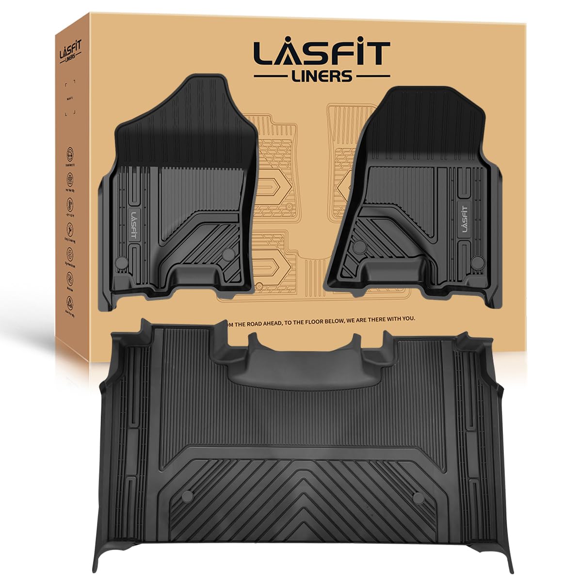 LASFIT Custom Fit All-Weather TPE Floor Mats for Ram 1500 Crew Cab 2019-2024 (Excludes Classic Model) - 1st, 2nd & 3rd Row Protection with Folded Rear Under-Seat Storage - Perfect for Off-Roading, Daily Commuting & Family Road Trips - Black