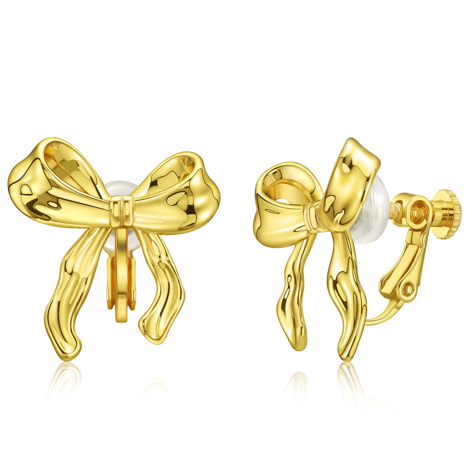 14K Gold Plated Bow Clip On Earrings for Women - Elegant Ribbon Non-Pierced Earrings - Perfect for Weddings, Parties & Special Occasions