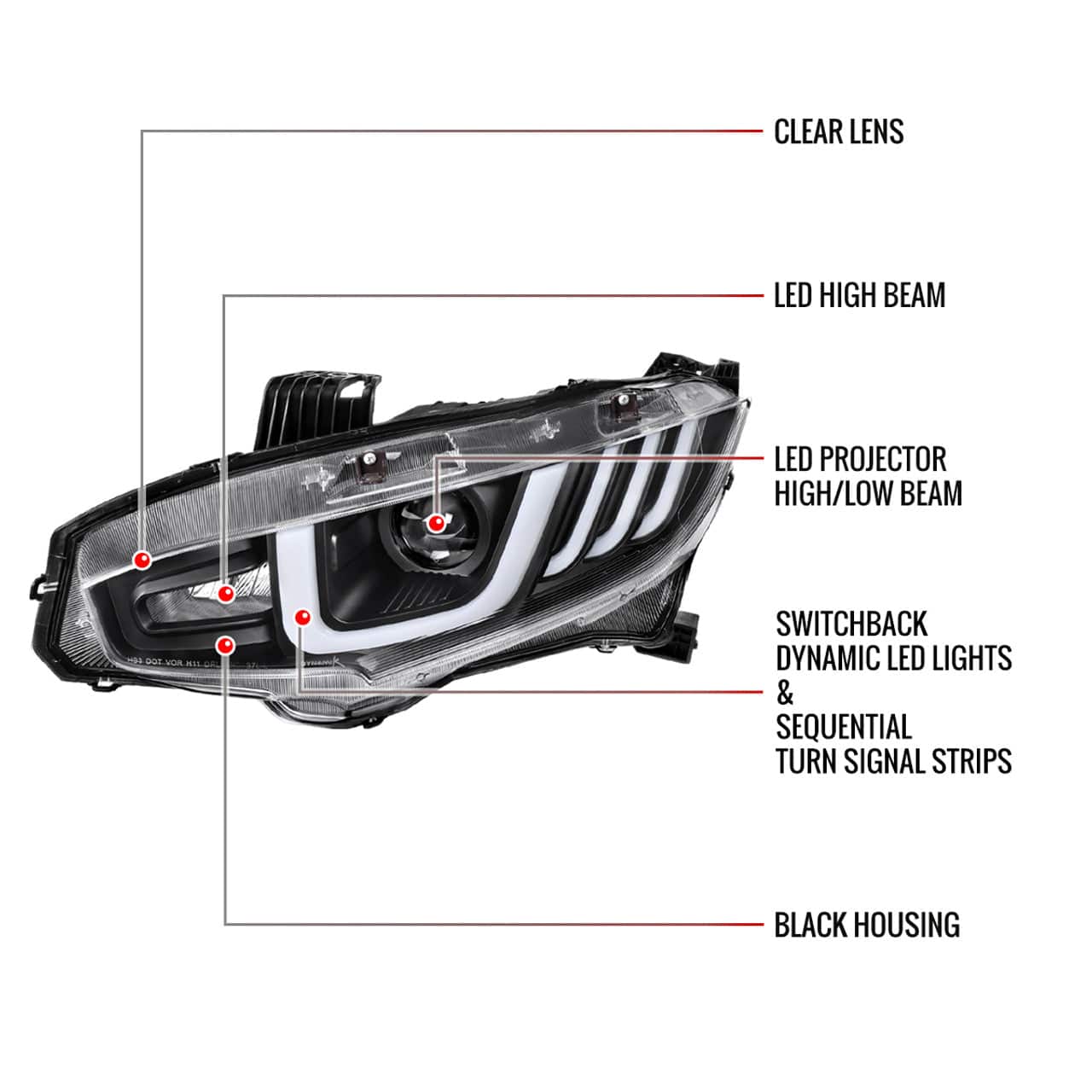 2016-2021 Honda Civic LED Projector Headlights with Switchback Sequential Turn Signal - Matte Black Housing & Clear Lens - Upgrade Your Night Driving Safety
