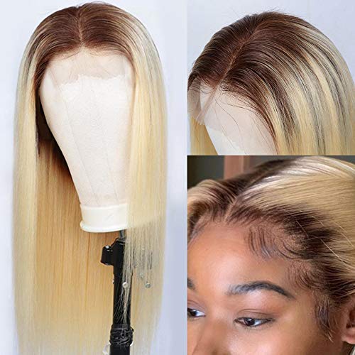 24 Inches Long #4/613 Blonde Ombre Human Hair Wig with 4x4 Lace Closure - Dark Brown Roots, 150% Density, Pre-Plucked Straight Brazilian Virgin Hair for Women | Can Be Curled or Styled for Daily Wear, Parties & Special Occasions