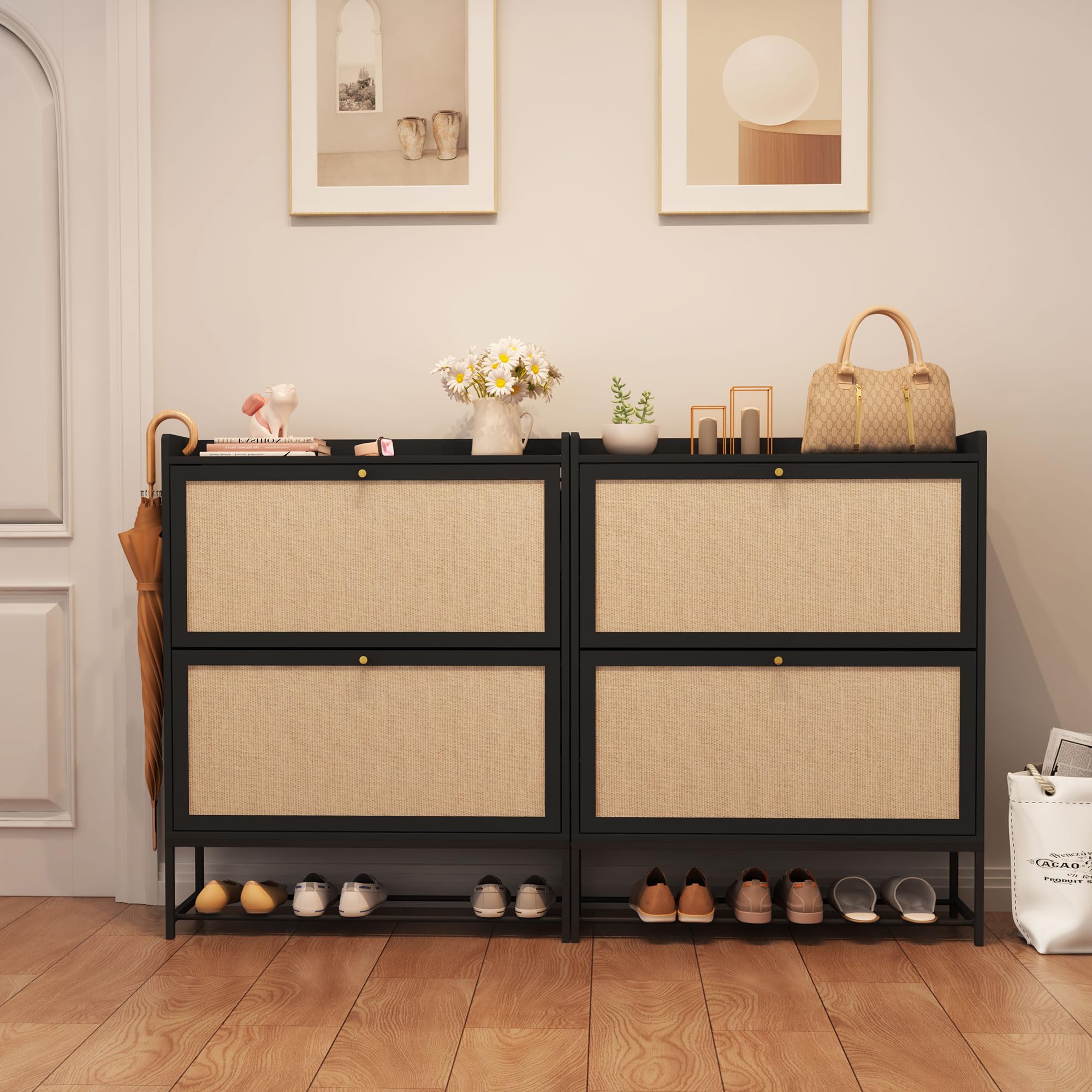 AVZEAR Narrow Shoe Storage Cabinet with 2 Flip Drawers - Freestanding Wooden Closed Shoe Rack Organizer for Entryway, Hallway, Living Room - Space Saving Slim Design (Black) | Perfect for Small Spaces, Apartments & Closet Organization