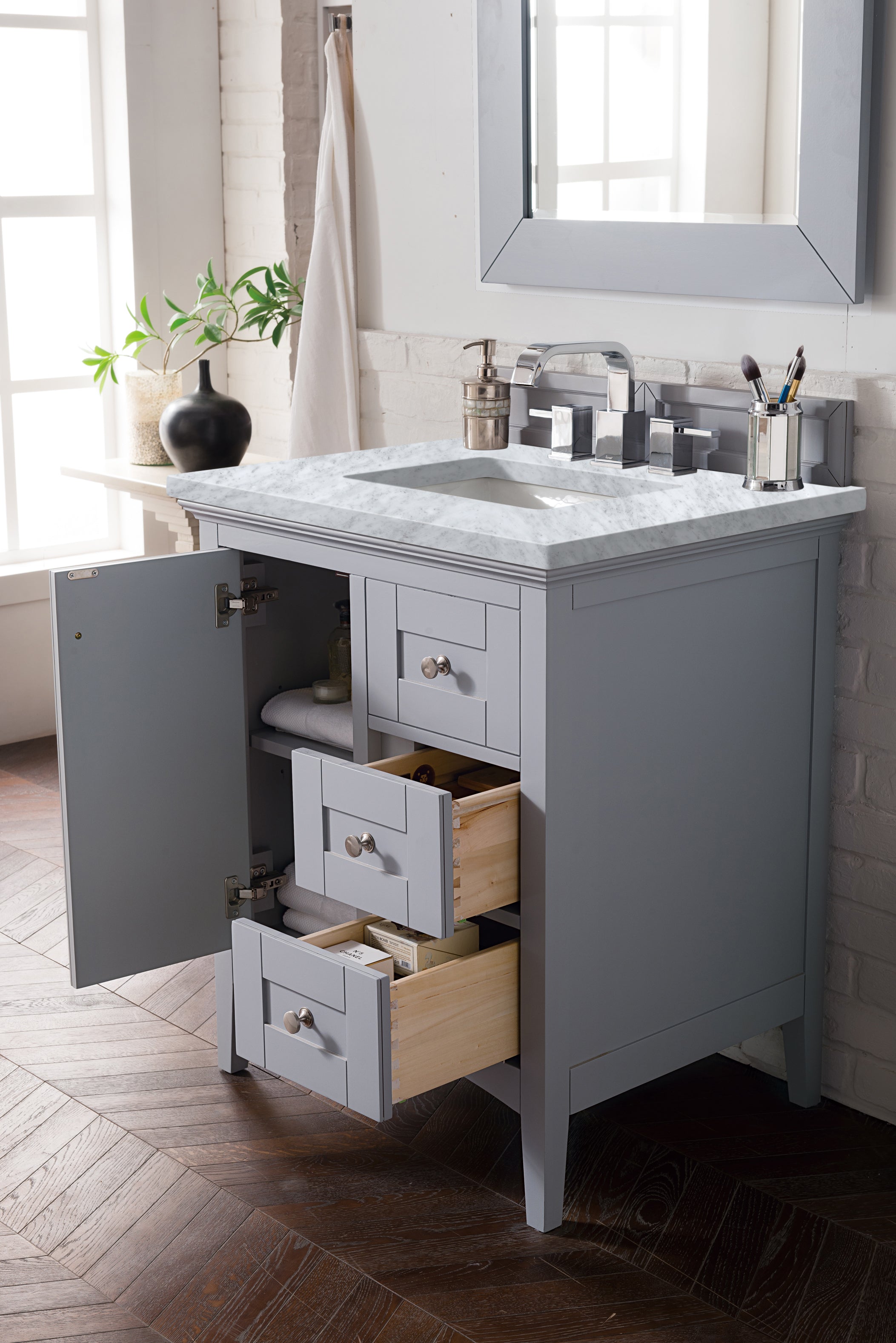 Palisades 30 Inch Single Bathroom Vanity with Carrara Marble Top in Silver Gray - Perfect for Modern Master Bathrooms and Powder Rooms