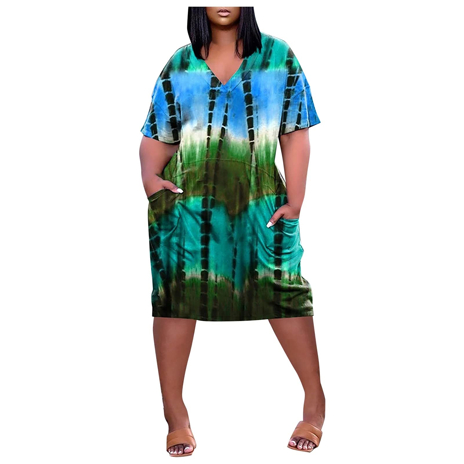 BEUU Women's Summer Tie Dye V-Neck Midi Dress - Short Sleeve T-Shirt Style with Pockets, Knee Length Casual Dress for Beach, Vacation & Everyday Wear